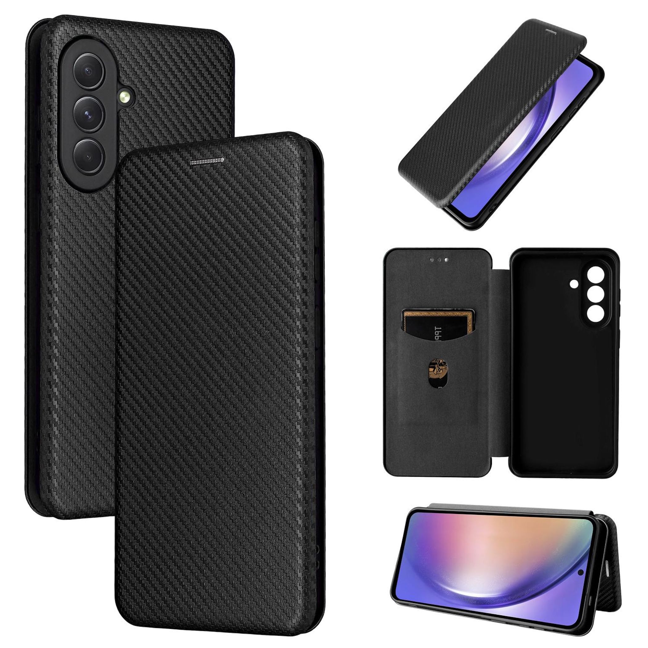 F&uuml;r Samsung Galaxy A57 5G Carbon Textur Flip Schutzh&uuml;lle Schwarz 