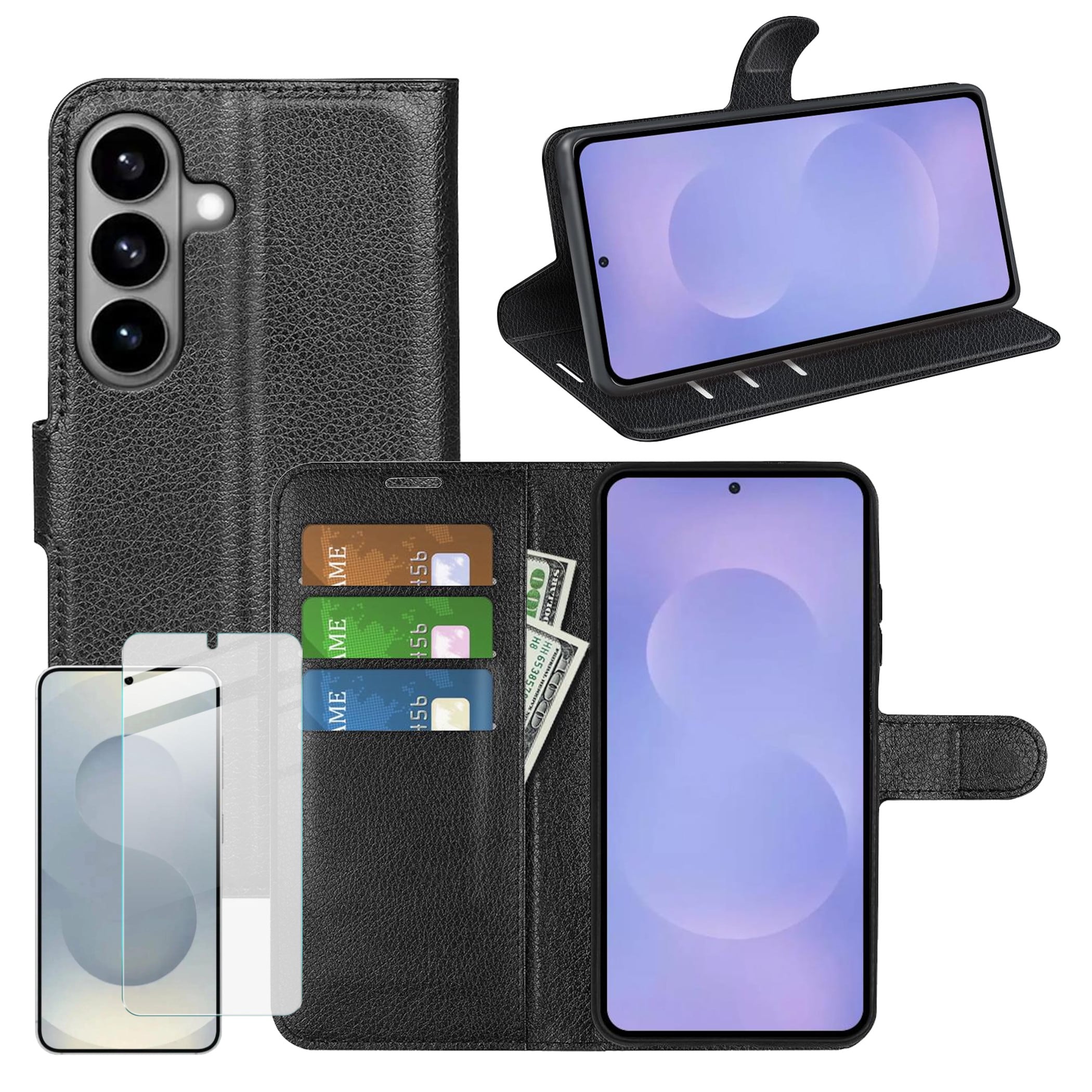 F&uuml;r Samsung Galaxy S26 5G Kunstleder Schutz H&uuml;lle Schwarz + 9H Glas 