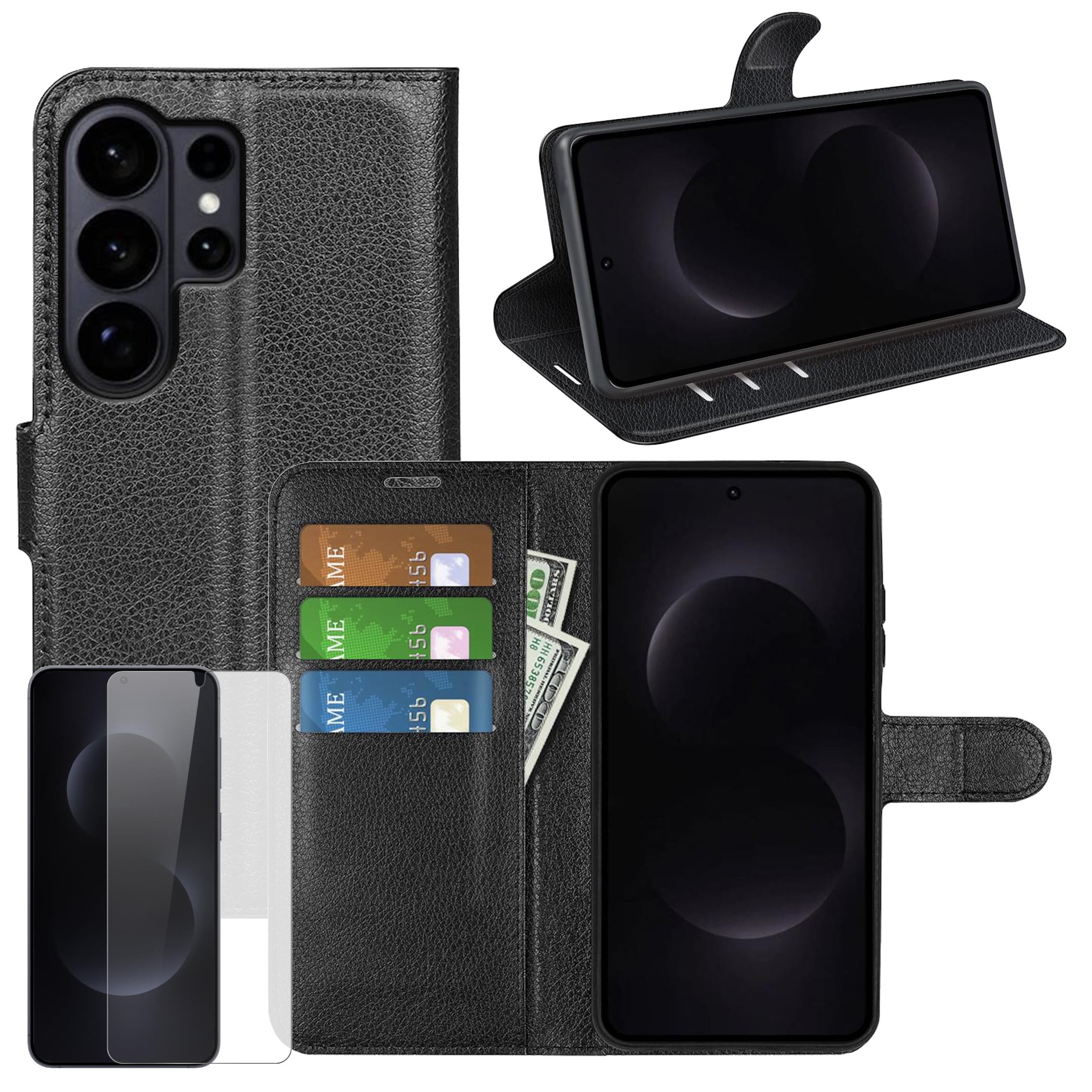 F&uuml;r Samsung Galaxy S26 Ultra Kunstleder Schutz H&uuml;lle Schwarz + 9H Glas 