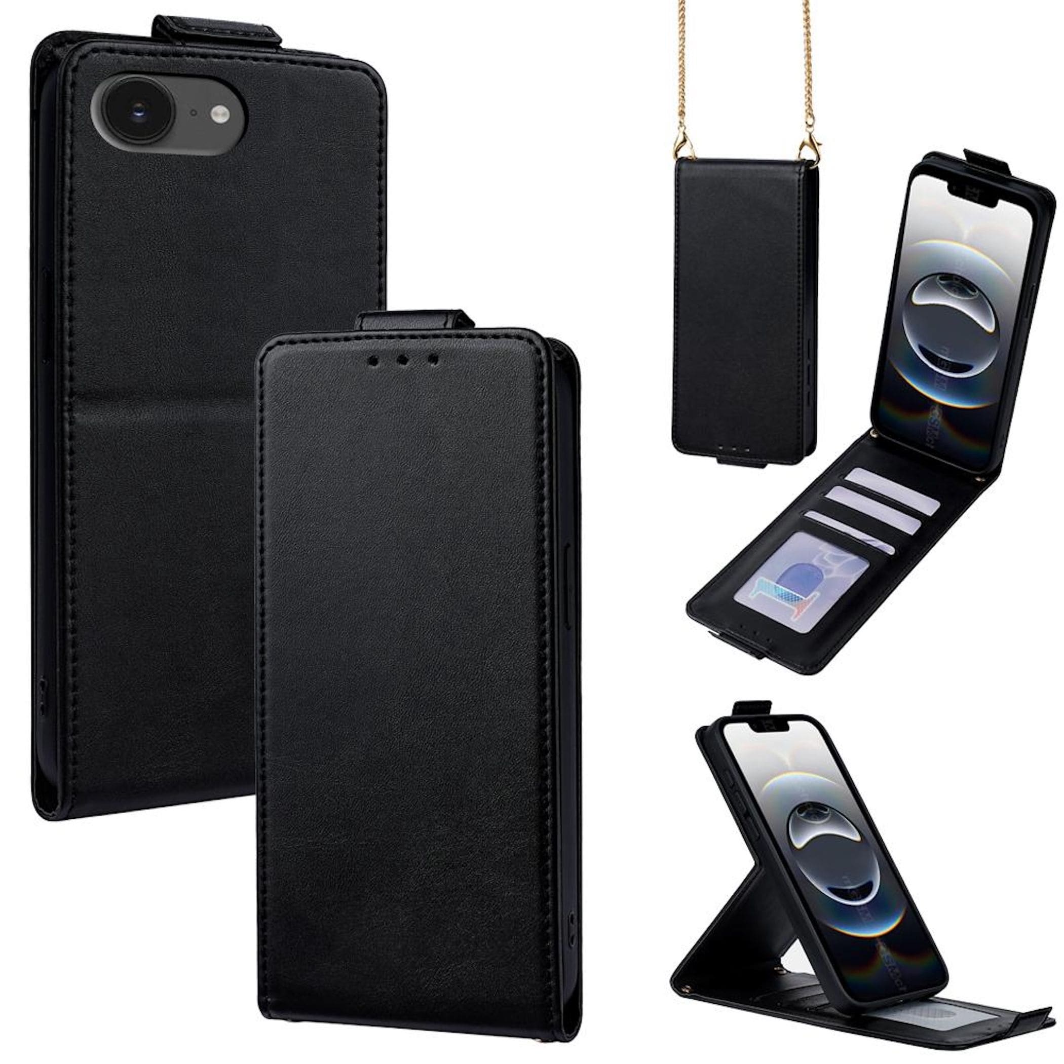 Flipcase f&uuml;r Apple iPhone 17e / 16e Crossbody Kette Kunstleder Schwarz 