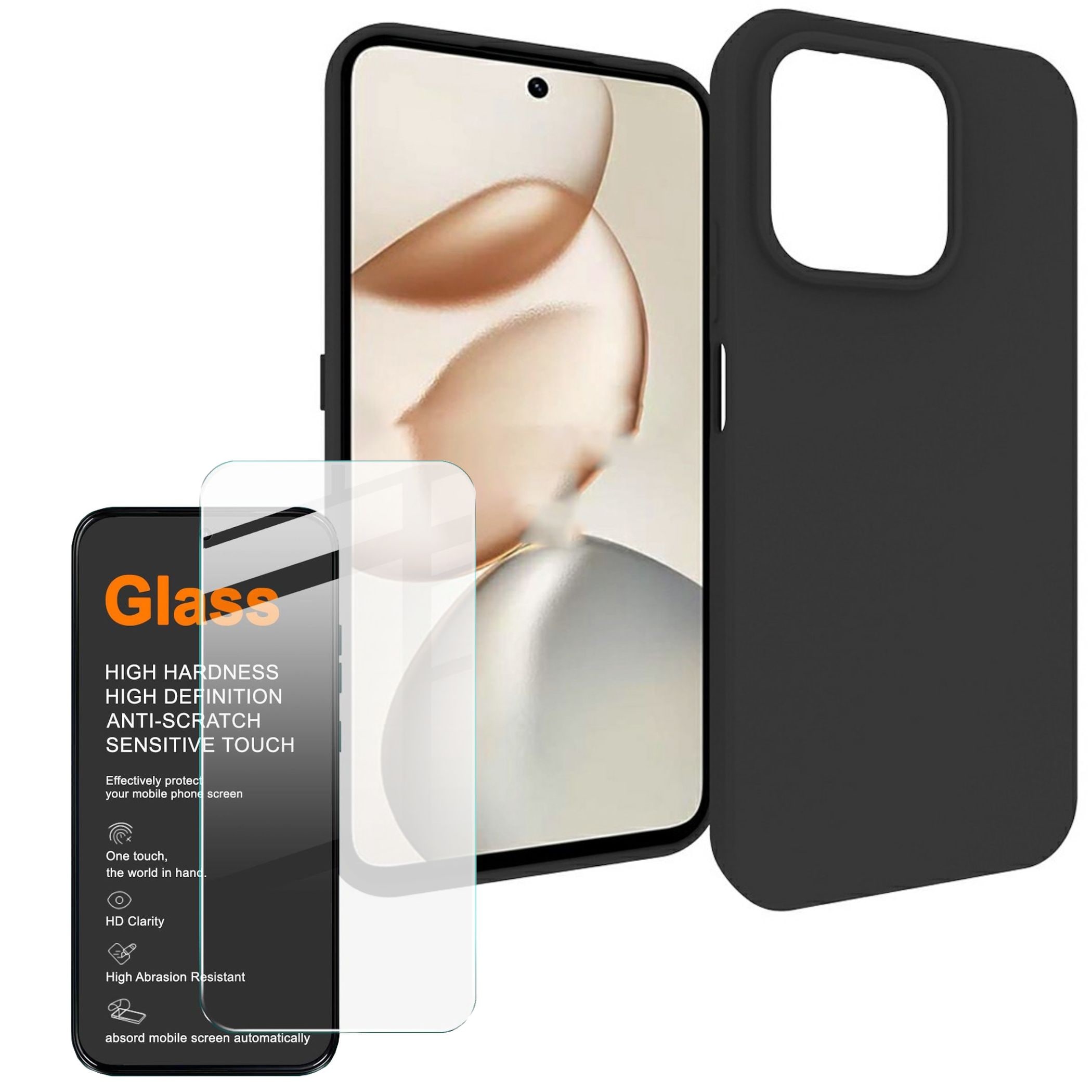 Handyh&uuml;lle + 9H Schutzglas f&uuml;r Honor 600 Smart 5G TPU Set 2 in 1 Bundle Schwarz 