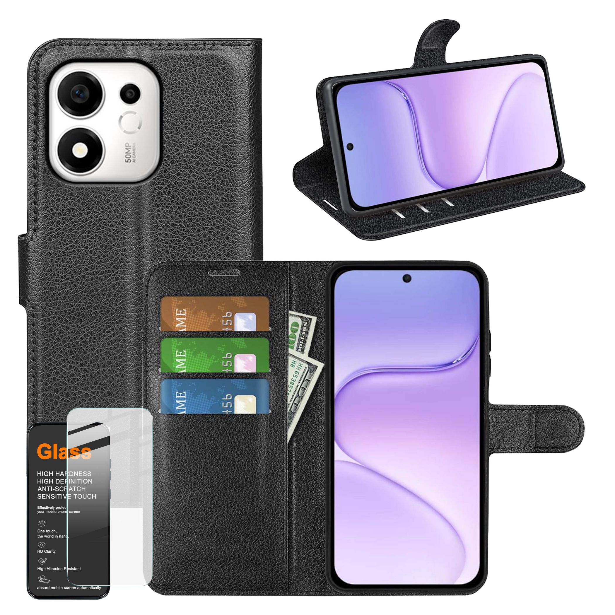 Handy H&uuml;lle + 9H Schutzglas f&uuml;r Honor 600 Smart 5G Klapph&uuml;lle Wallet Hartglas 