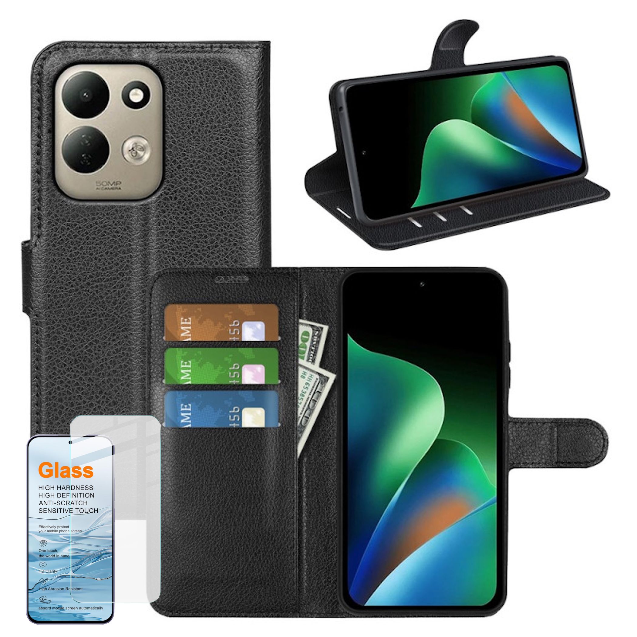 Handy H&uuml;lle + 9H Schutzglas f&uuml;r Xiaomi Redmi 17 5G / 4G Klapph&uuml;lle Wallet Tasche 