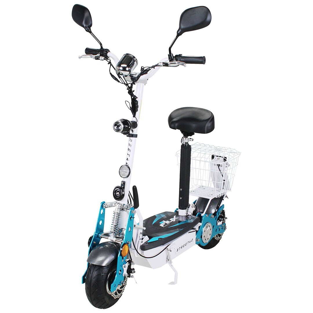 eFlux Street 40, E-Scooter mit Stra&szlig;enzulassung, 35 km/h, 800 Watt, mit Sitz, Gep&auml;ck-Korb, klappbar (Wei&szlig;) 
