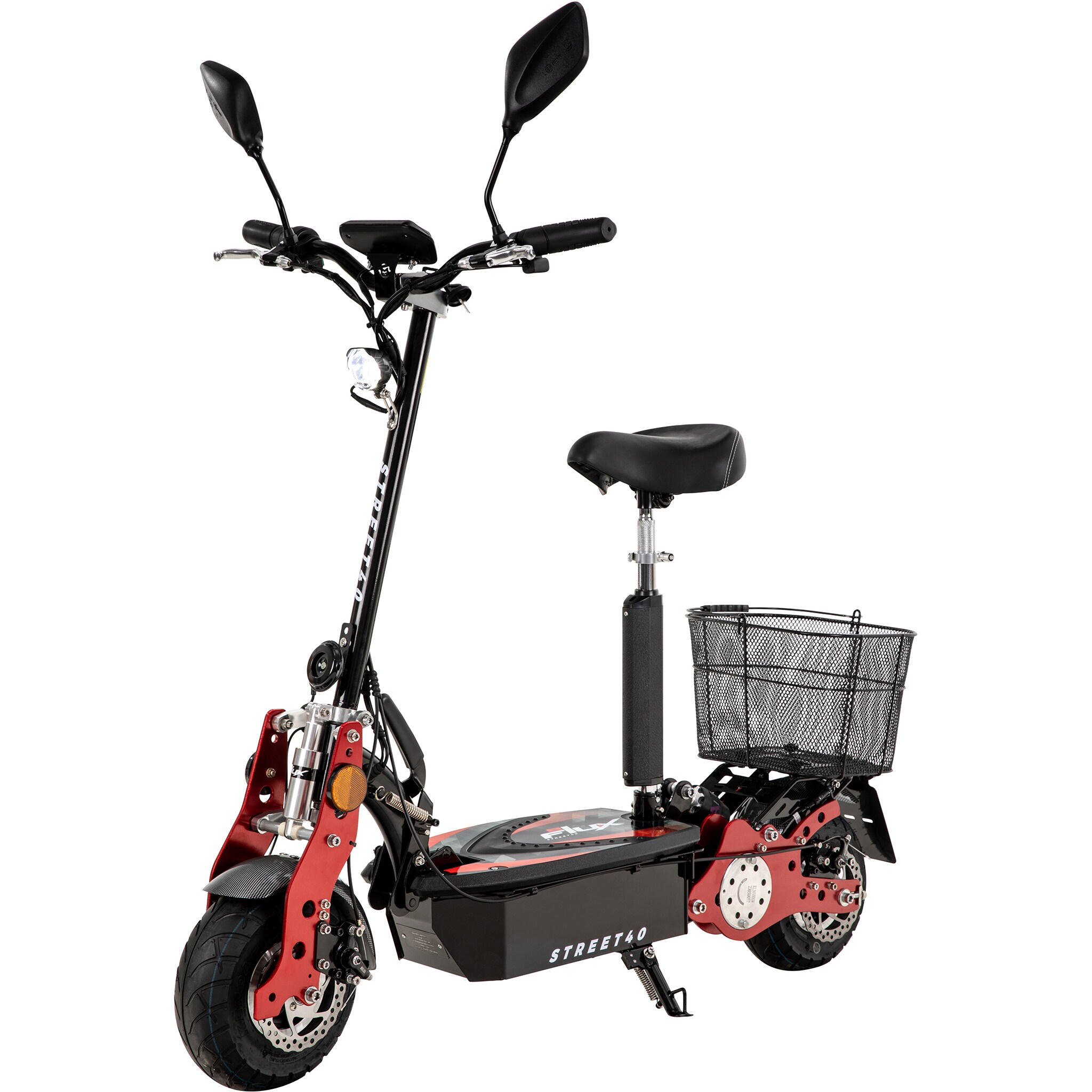 eFlux Street 40, E-Scooter mit Stra&szlig;enzulassung, 35 km/h, 800 Watt, mit Sitz, Gep&auml;ck-Korb, klappbar (Schwarz) 