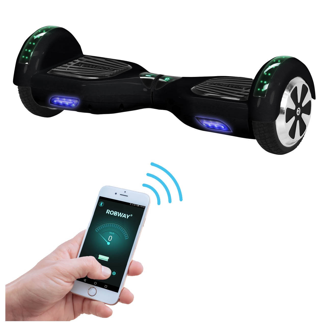 ROBWAY W1 Hoverboard f&uuml;r Erwachsene und Kinder, 6,5 Zoll, Self-Balance, Bluetooth, App, 700 Watt, LEDs (Schwarz) 