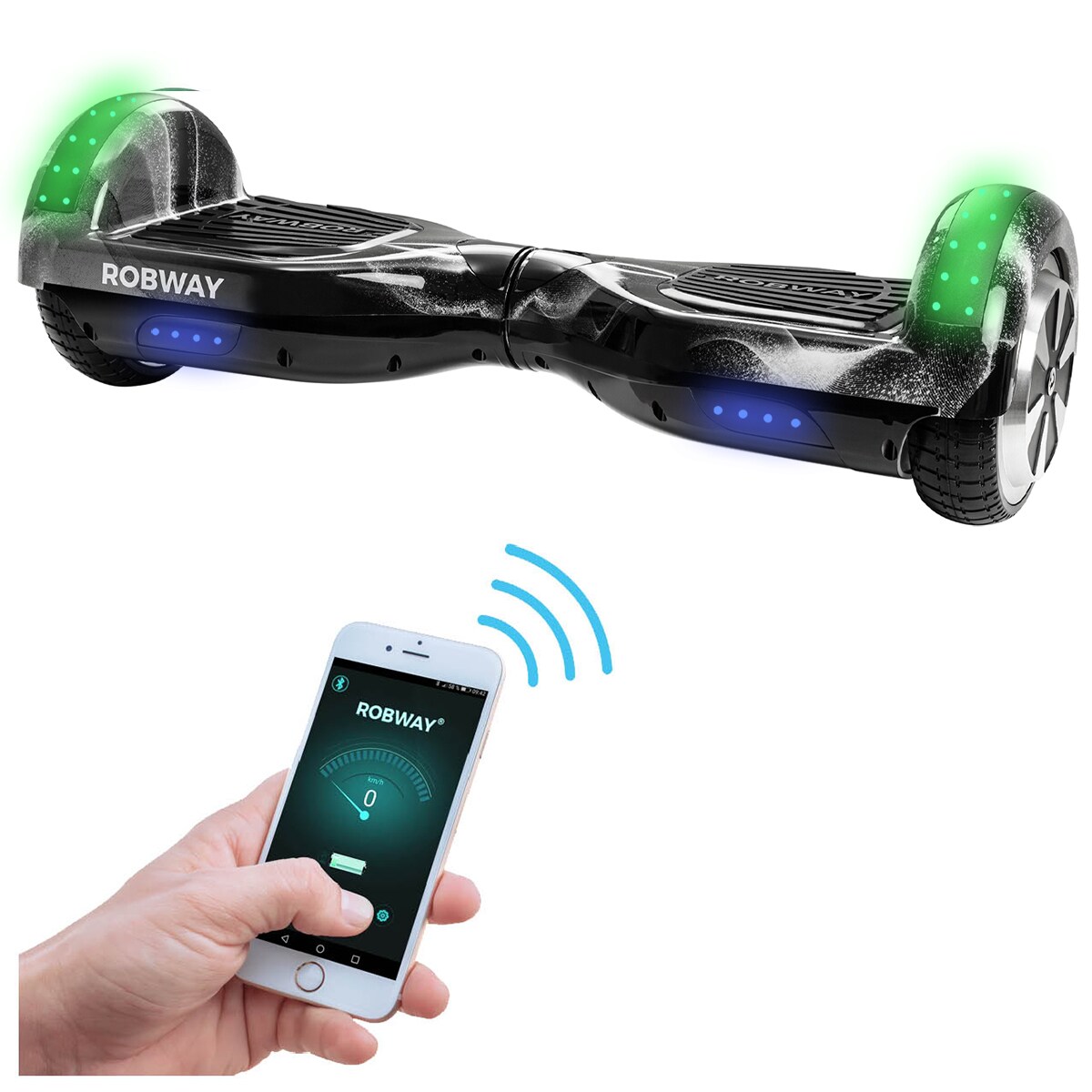 ROBWAY W1 Hoverboard f&uuml;r Erwachsene und Kinder, 6,5 Zoll, Self-Balance, Bluetooth, App, 700 Watt, LEDs (Dark Matter) 