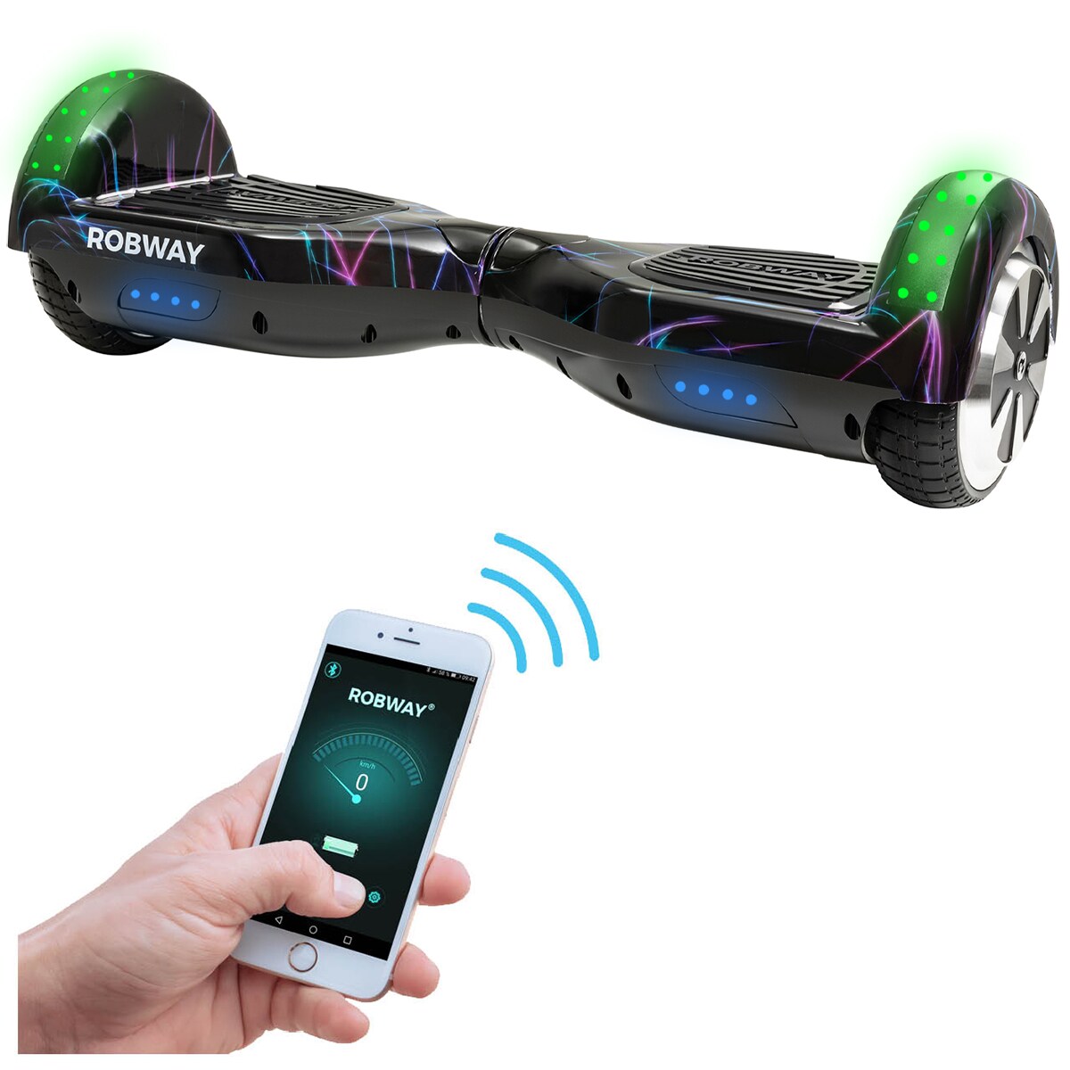 ROBWAY W1 Hoverboard f&uuml;r Erwachsene und Kinder, 6,5 Zoll, Self-Balance, Bluetooth, App, 700 Watt, LEDs (Laserlight) 