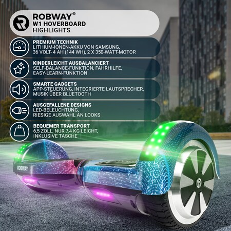 ROBWAY W1 Hoverboard für Erwachsene und Kinder, 6,5 Zoll, Self-Balance,  Bluetooth, App, 700 Watt, LEDs (Space Blue) bei Marktkauf online bestellen