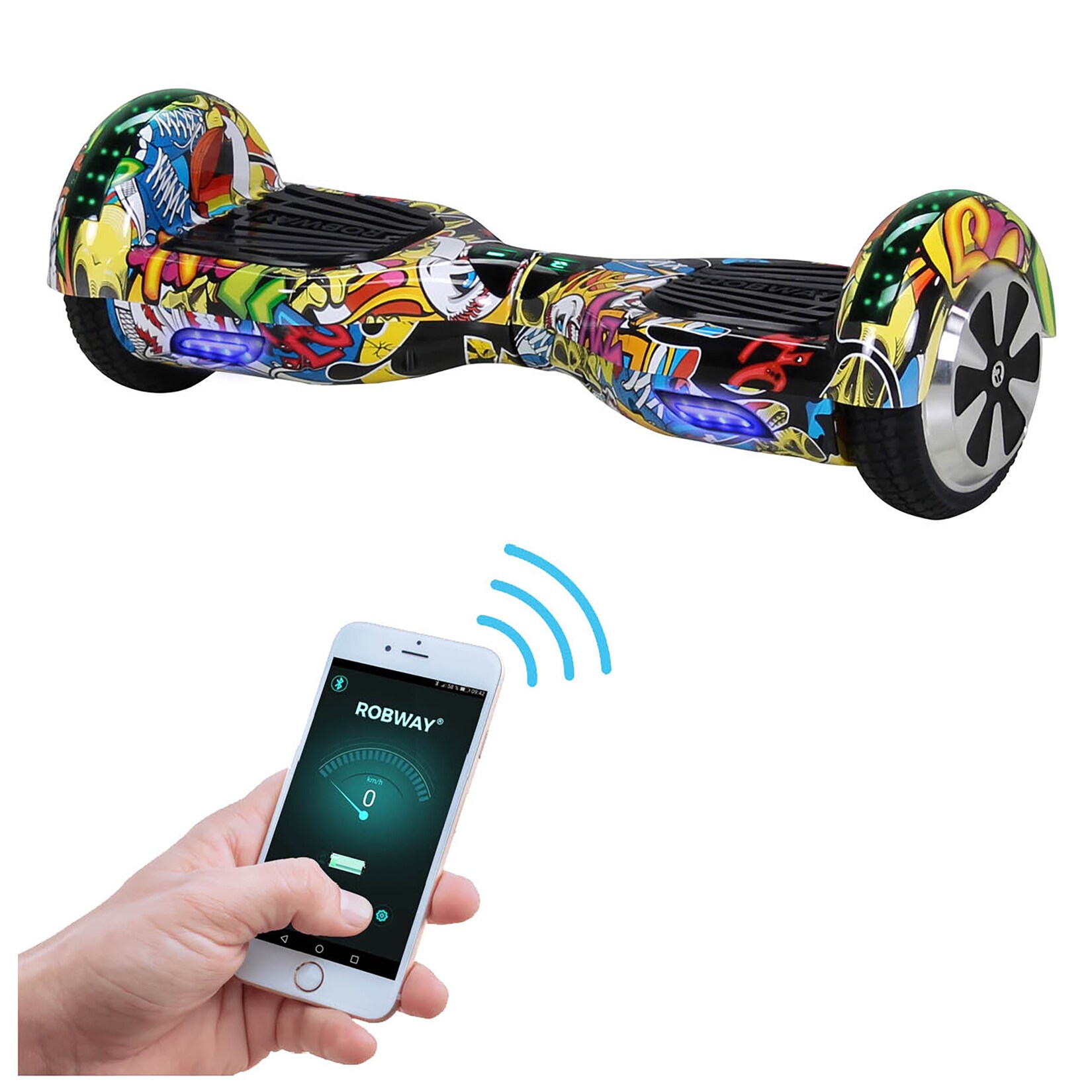 W1 Hoverboard für Erwachsene und Kinder, 6,5 Zoll, Self-Balance, Bluetooth, App, 700 Watt, LEDs (Blau Graffiti 2.0)