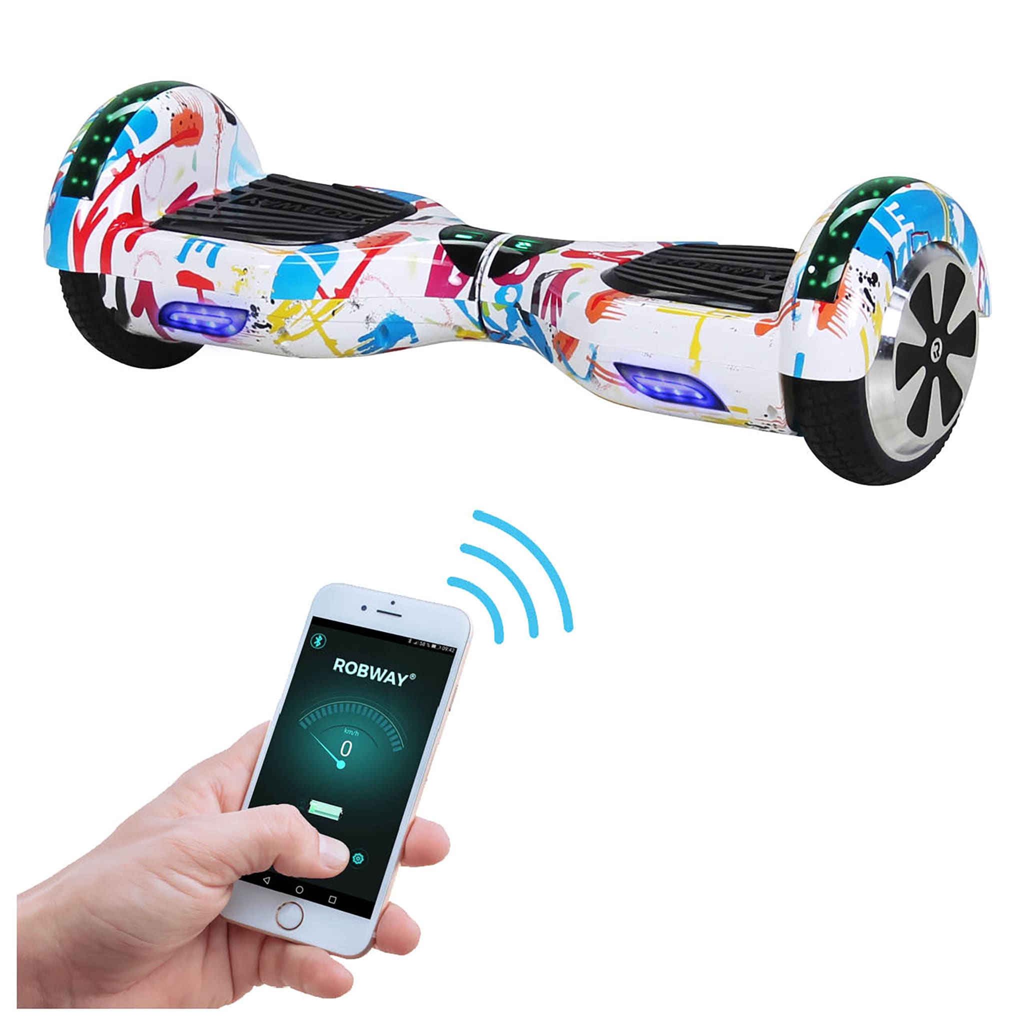 ROBWAY W1 Hoverboard f&uuml;r Erwachsene und Kinder, 6,5 Zoll, Self-Balance, Bluetooth, App, 700 Watt, LEDs (Wei&szlig; Bunt 2.0) 