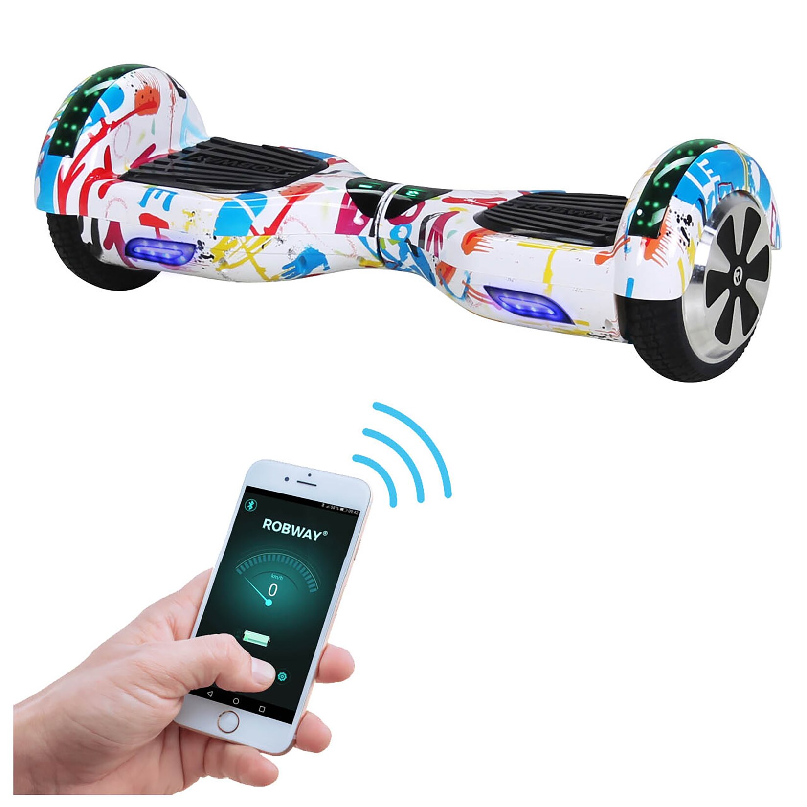 W1 Hoverboard für Erwachsene und Kinder, 6,5 Zoll, Self-Balance, Bluetooth, App, 700 Watt, LEDs (Weiß Bunt 2.0)