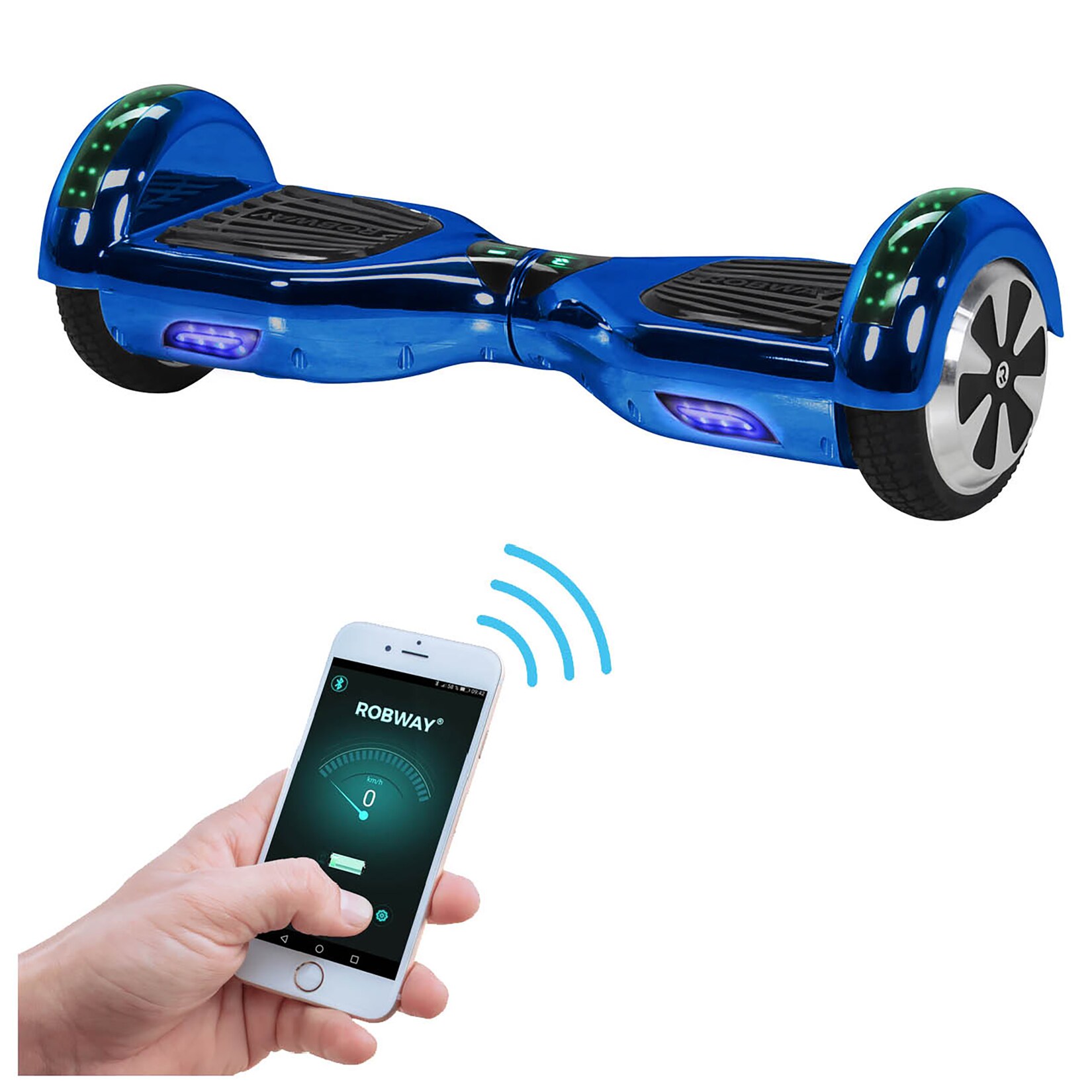 W1 Hoverboard für Erwachsene und Kinder, 6,5 Zoll, Self-Balance, Bluetooth, App, 700 Watt, LEDs (Blau Chrom 2.0)