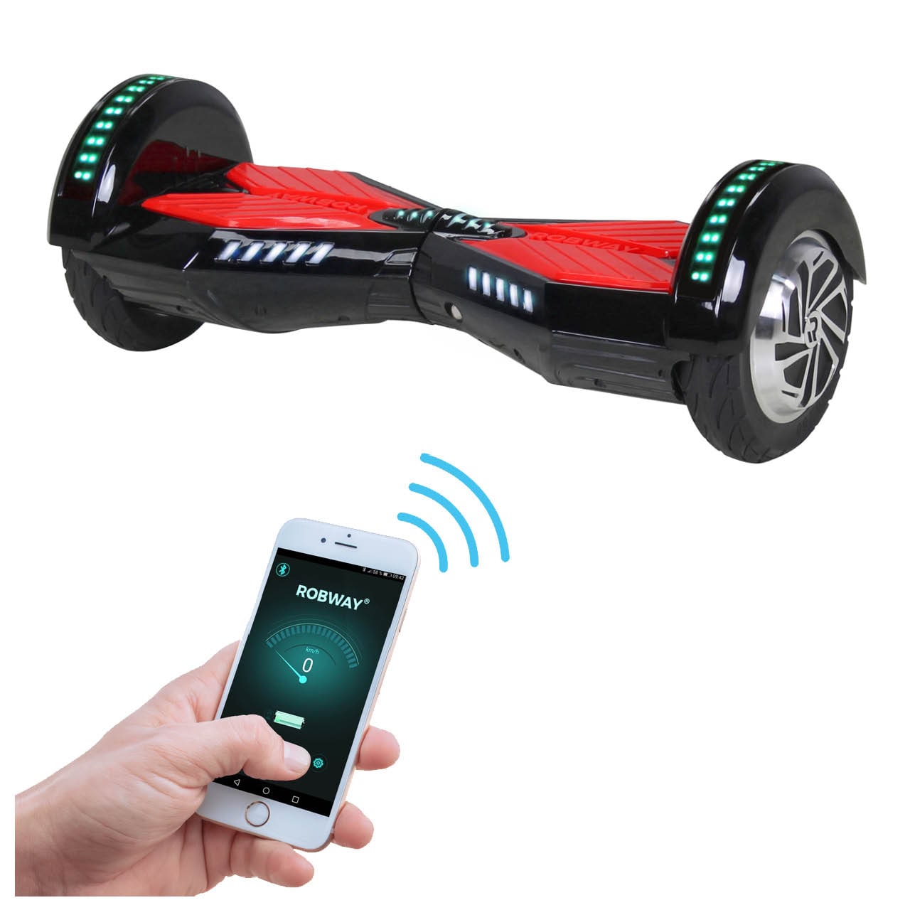 ROBWAY W2 Hoverboard f&uuml;r Erwachsene und Kinder, 8 Zoll, Self-Balance-Funktion, Bluetooth, App, LEDs (Schwarz Rot) 