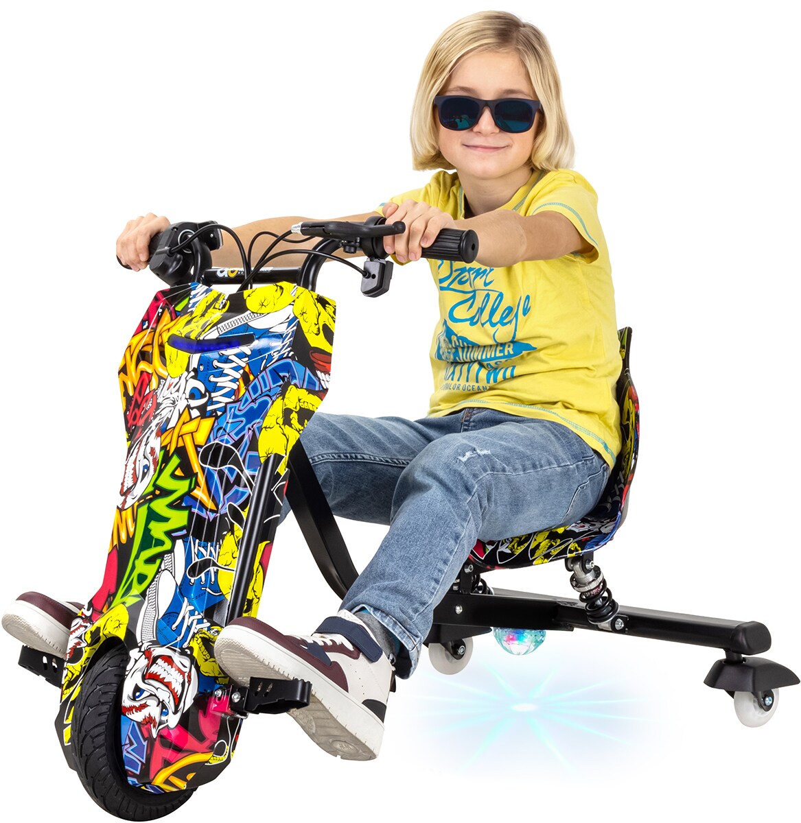 Elektro-Drift-Trike 360, Drift-Scooter f&uuml;r Kinder, 250 Watt, 36 Volt, bis zu 15km/h, LED-Beleuchtung (Gelb Graffiti) 