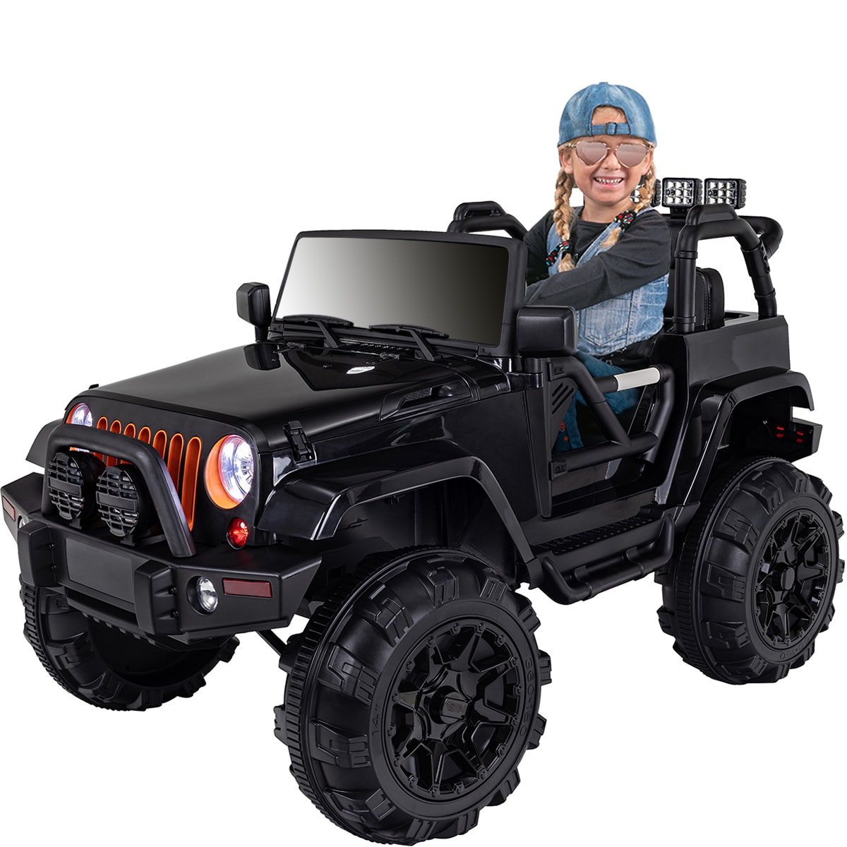 Kinder-Elektroauto Offroad Jeep Adventure, 70 Watt, Fernbedienung, LED, Bremsautomatik, Sto&szlig;d&auml;mpfer (Schwarz) 
