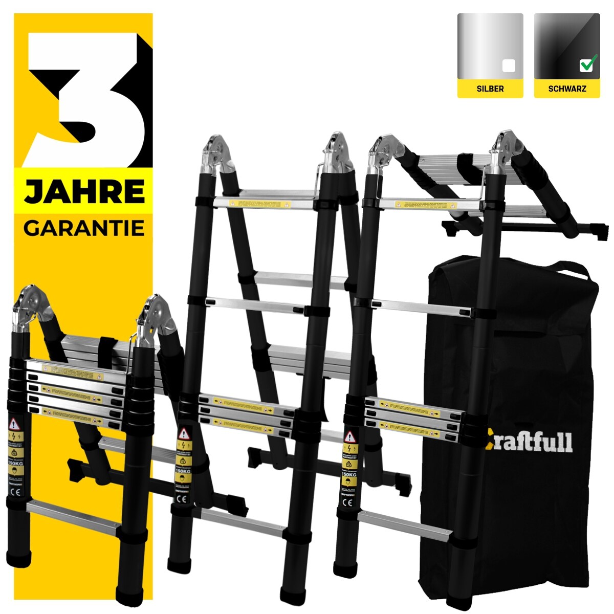 Craftfull Klapp-Teleskopleiter CF-102A, Aluminium, Klappleiter und Anlegeleiter, inkl. Tragetasche (2 x 2.8 Meter Black Edition) 