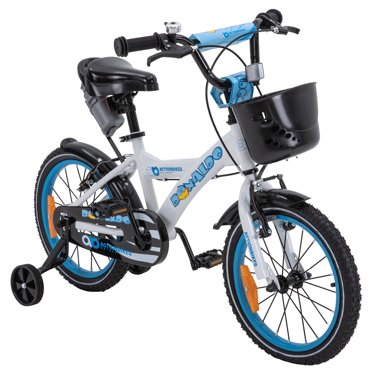 Actionbikes Kinderfahrrad Donaldo 16 Zoll, V-Brake-Bremsen, h&ouml;henverstellbar, St&uuml;tzr&auml;der, Korb 
