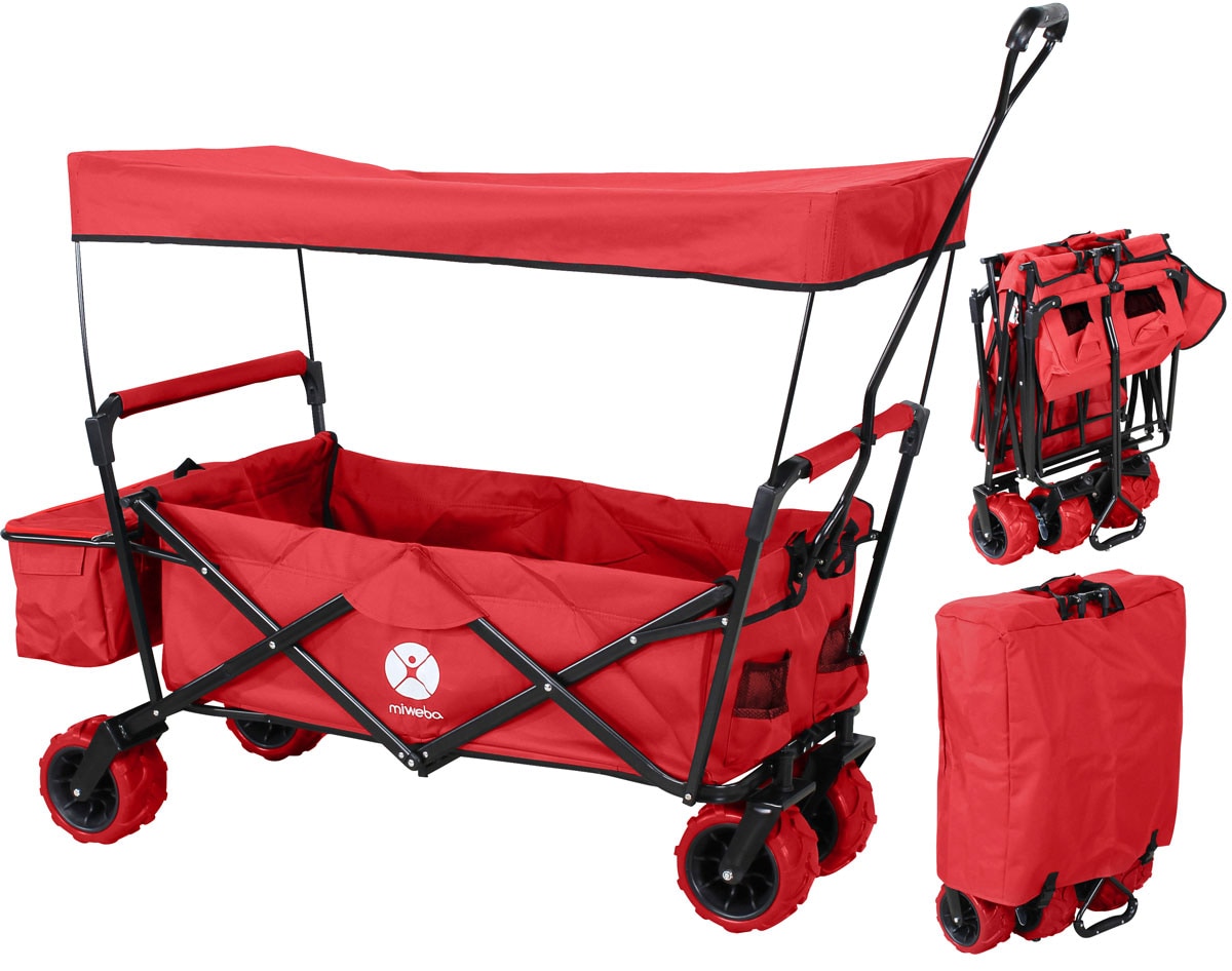 Miweba Bollerwagen MB-10, faltbar, Bremse, abnehmbares Dach, PU-Breitreifen, Transporttasche, 100 kg (Rot) 