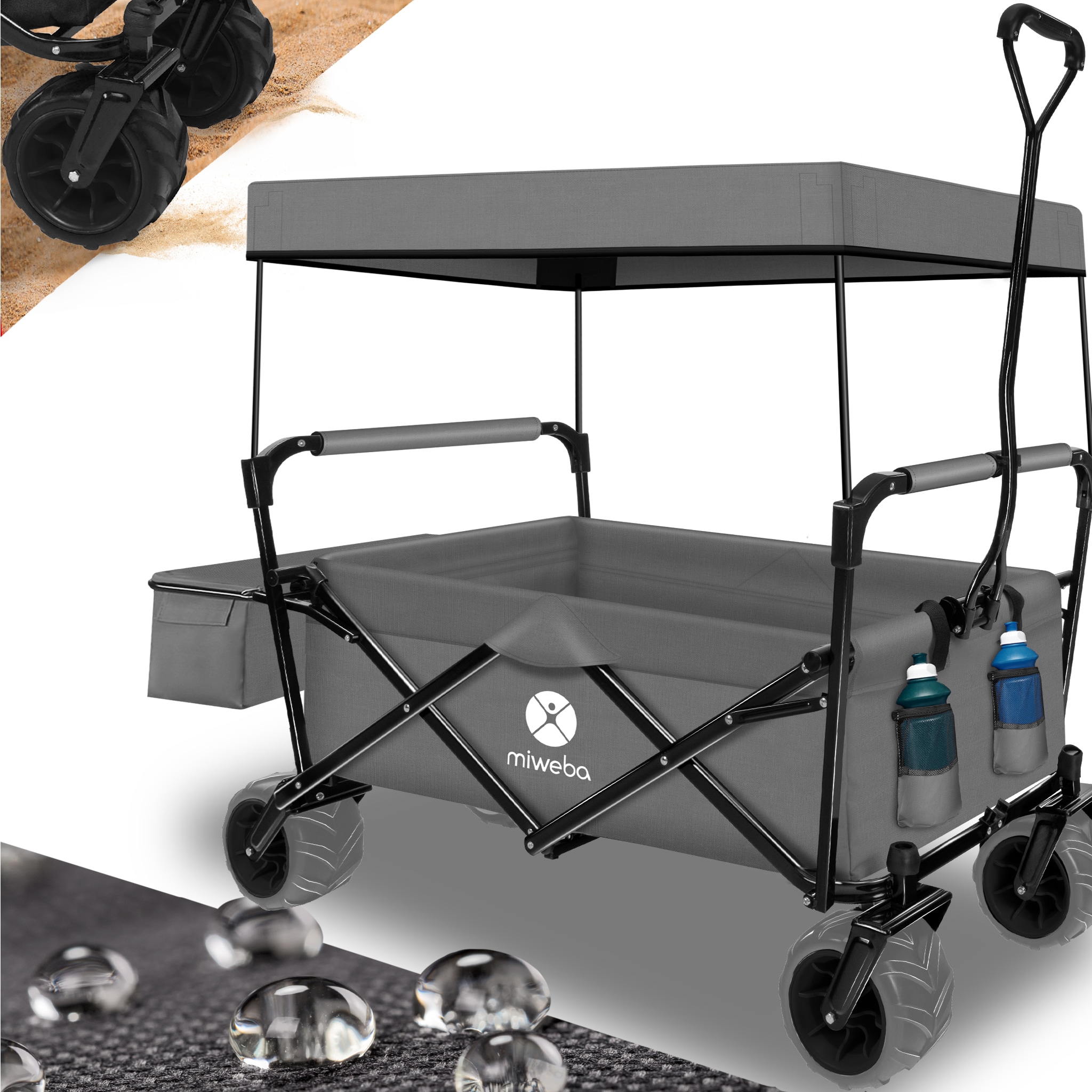 Miweba Bollerwagen MB-10, faltbar, Bremse, abnehmbares Dach, PU-Breitreifen, Transporttasche, 100 kg (Grau) 