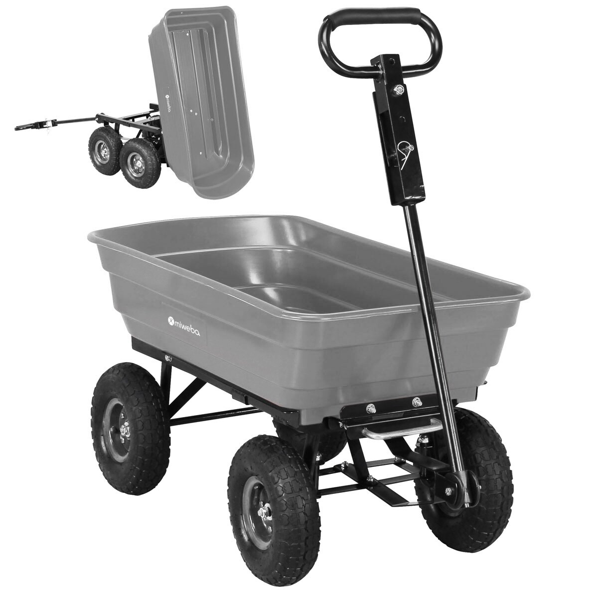 Miweba Bollerwagen Dumper, verriegelbare Kippfunktion, robuste PP-Wanne, Anh&auml;ngerkupplung, bis 300kg (Grau) 