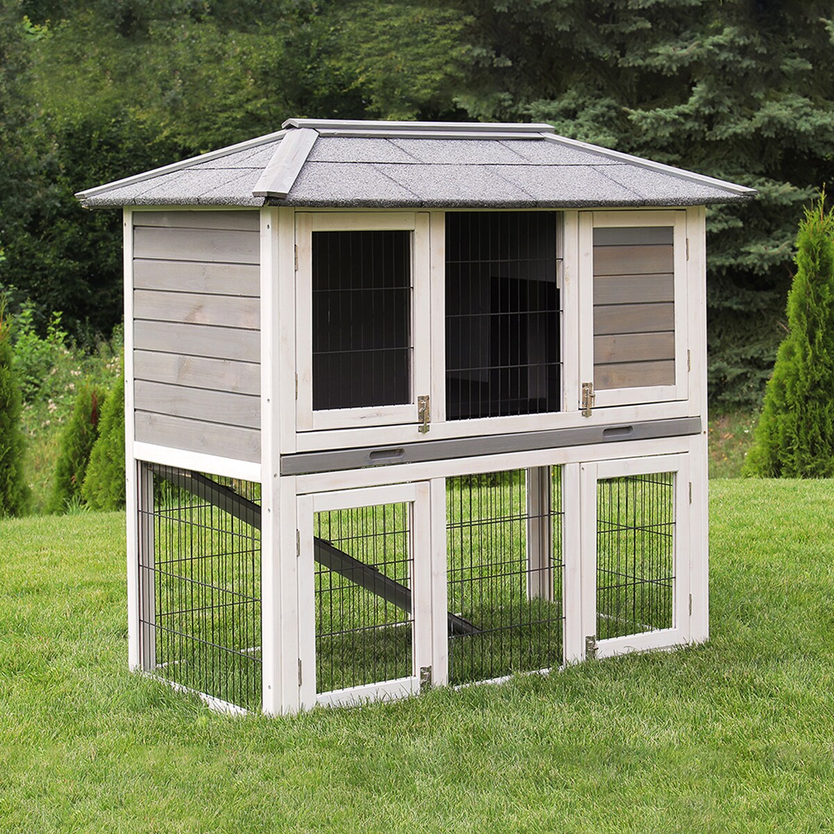 MyAnimal Hasenstall MH-28, 2-st&ouml;ckig, 4 T&uuml;ren, wetterfester Kaninchenstall, impr&auml;gniertes Holz (Grau/Wei&szlig;) 
