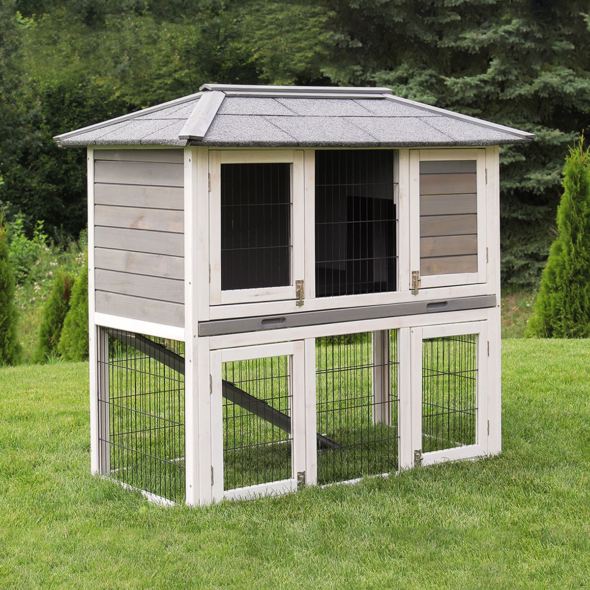 MyAnimal Hasenstall MH-28, 2-st&ouml;ckig, 4 T&uuml;ren, wetterfester Kaninchenstall, impr&auml;gniertes Holz (Grau/Wei&szlig; 2.0) 