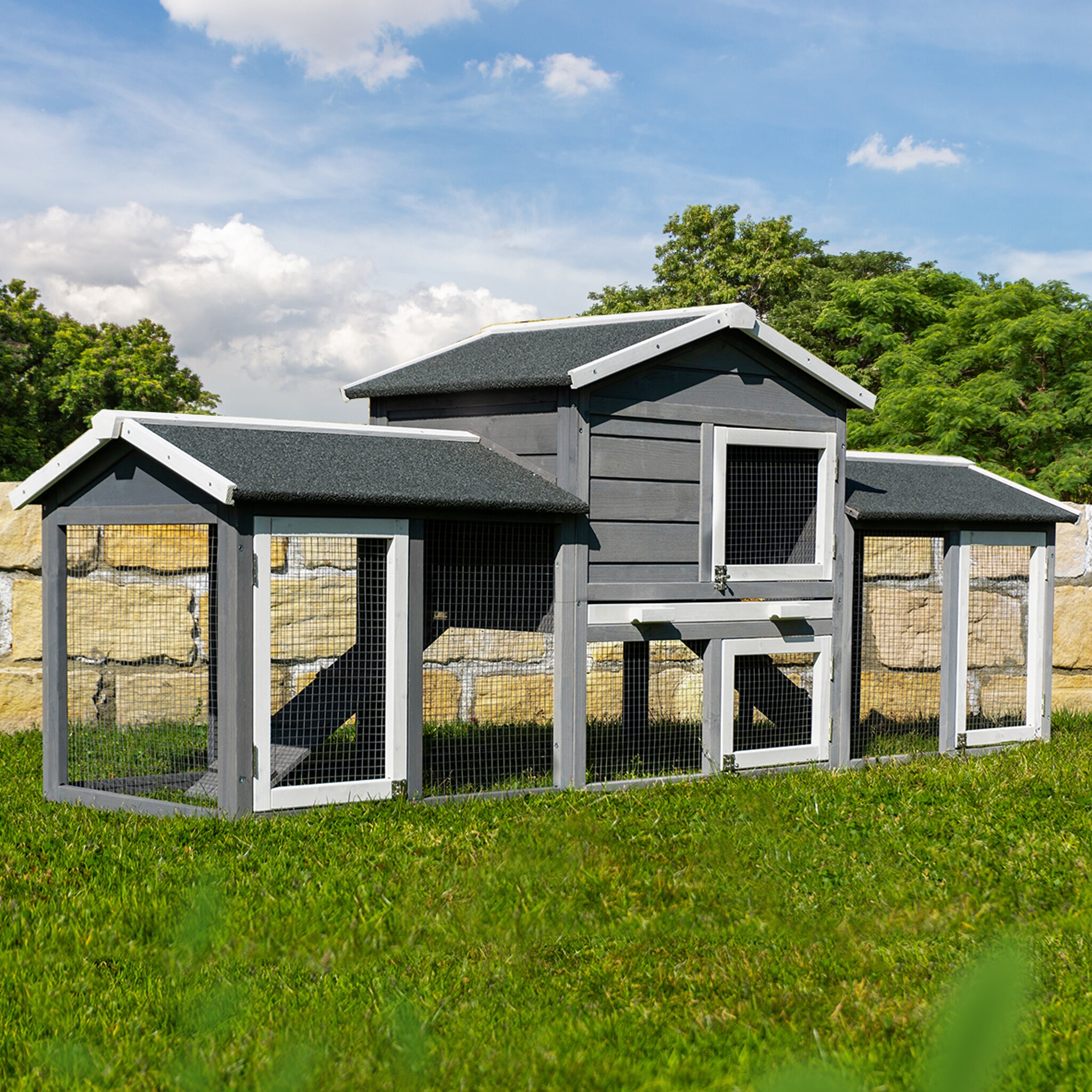 MyAnimal Hasenstall MH-03 Doppelstockhaus mit Garten, Freilauf, Kiefernholz, verzinkter Draht (Grau/Wei&szlig; XXL 2.0) 