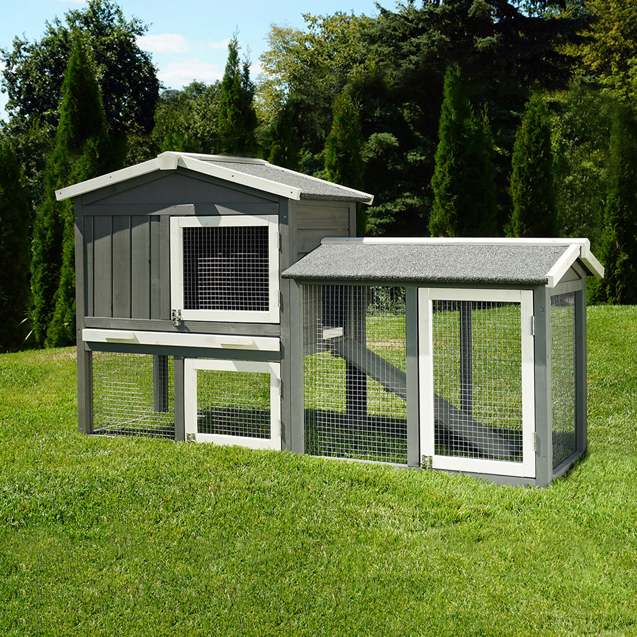 MyAnimal Hasenstall MH-03 Doppelstockhaus mit Garten, Freilauf, Kiefernholz, verzinkter Draht (Grau/Wei&szlig; 2.0) 
