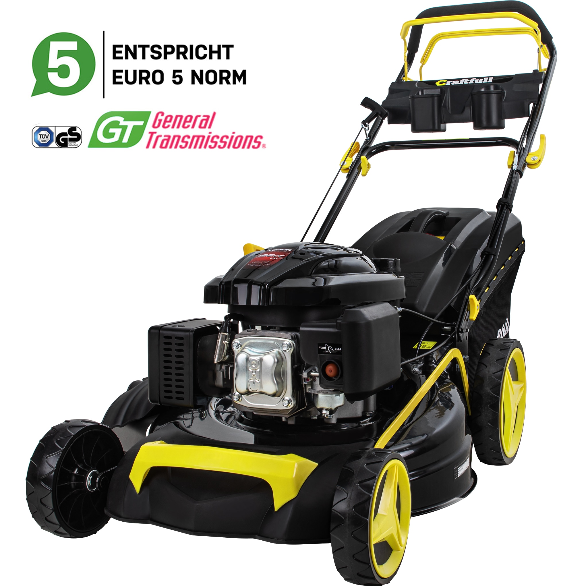 Craftfull Premium Benzin-Rasenm&auml;her CR-196-10, 5in1, GT-Markengetriebe, 196cc-Motor, 4,4 kW, Euro 5 (Schwarz/Gelb) 