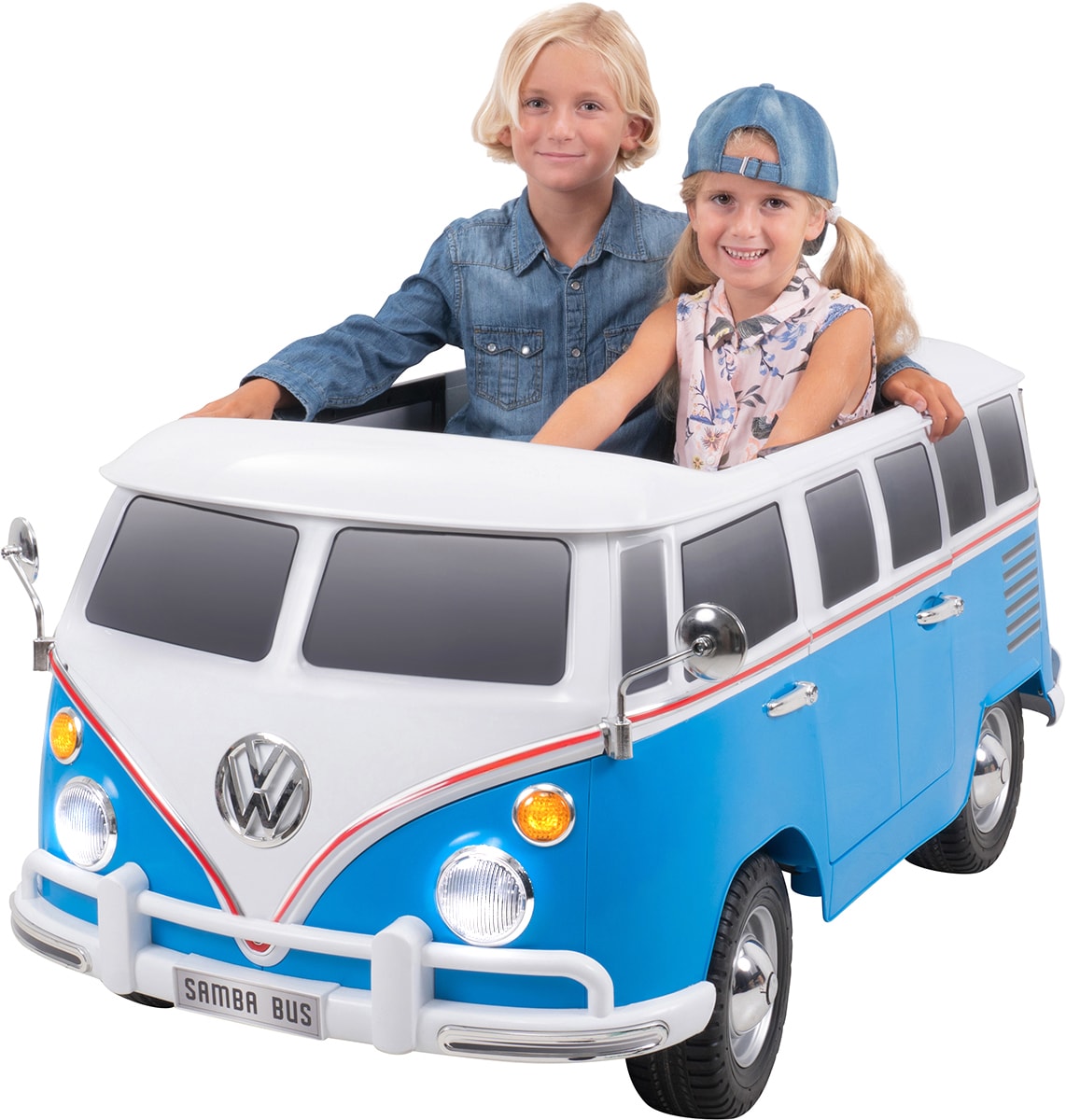 Kinder-Elektroauto VW Bus Bulli T1 Samba Camper (Wei&szlig; Blau) 