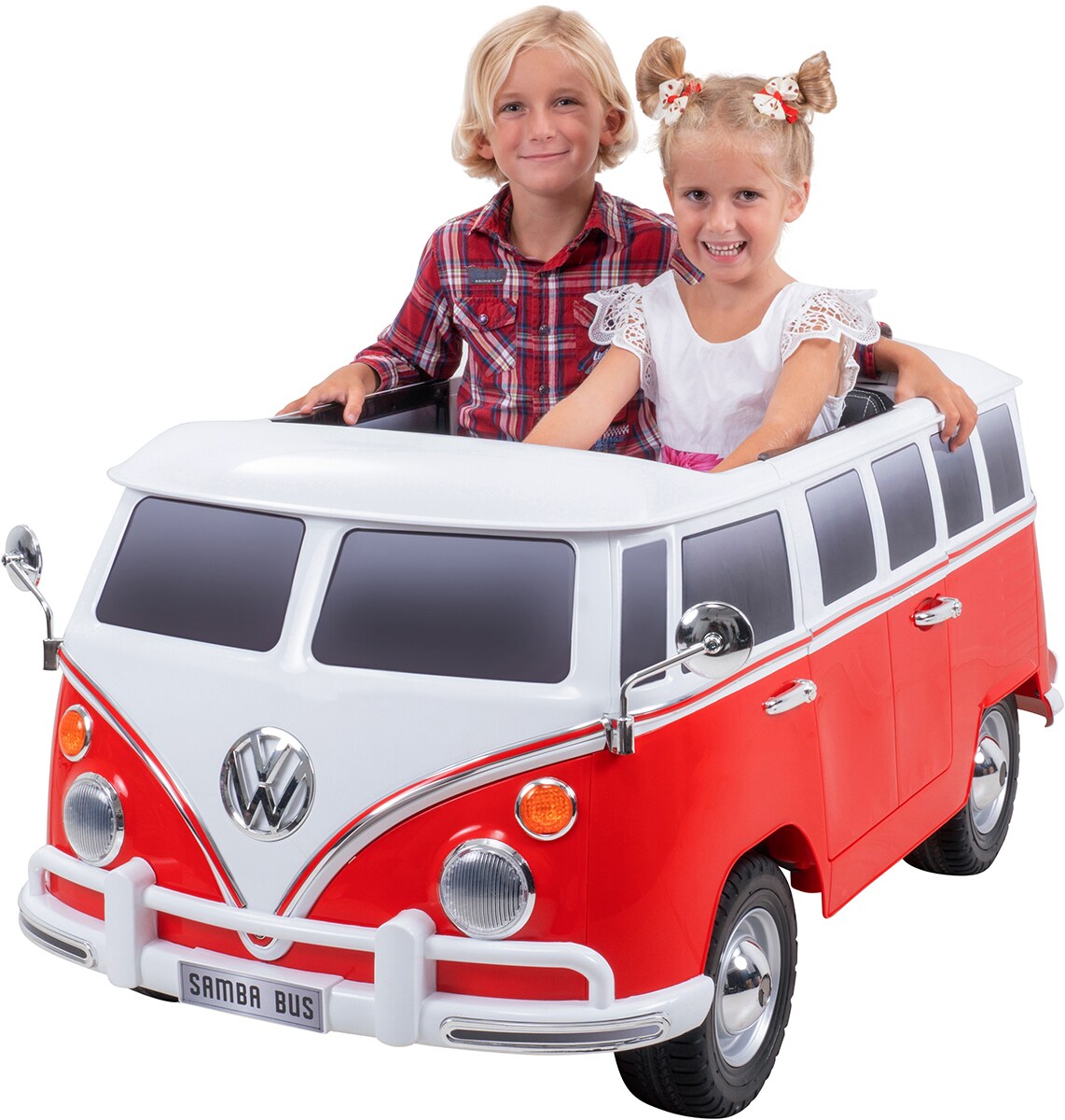 Kinder-Elektroauto VW Bus Bulli T1 Samba Camper (Wei&szlig;/Rot) 