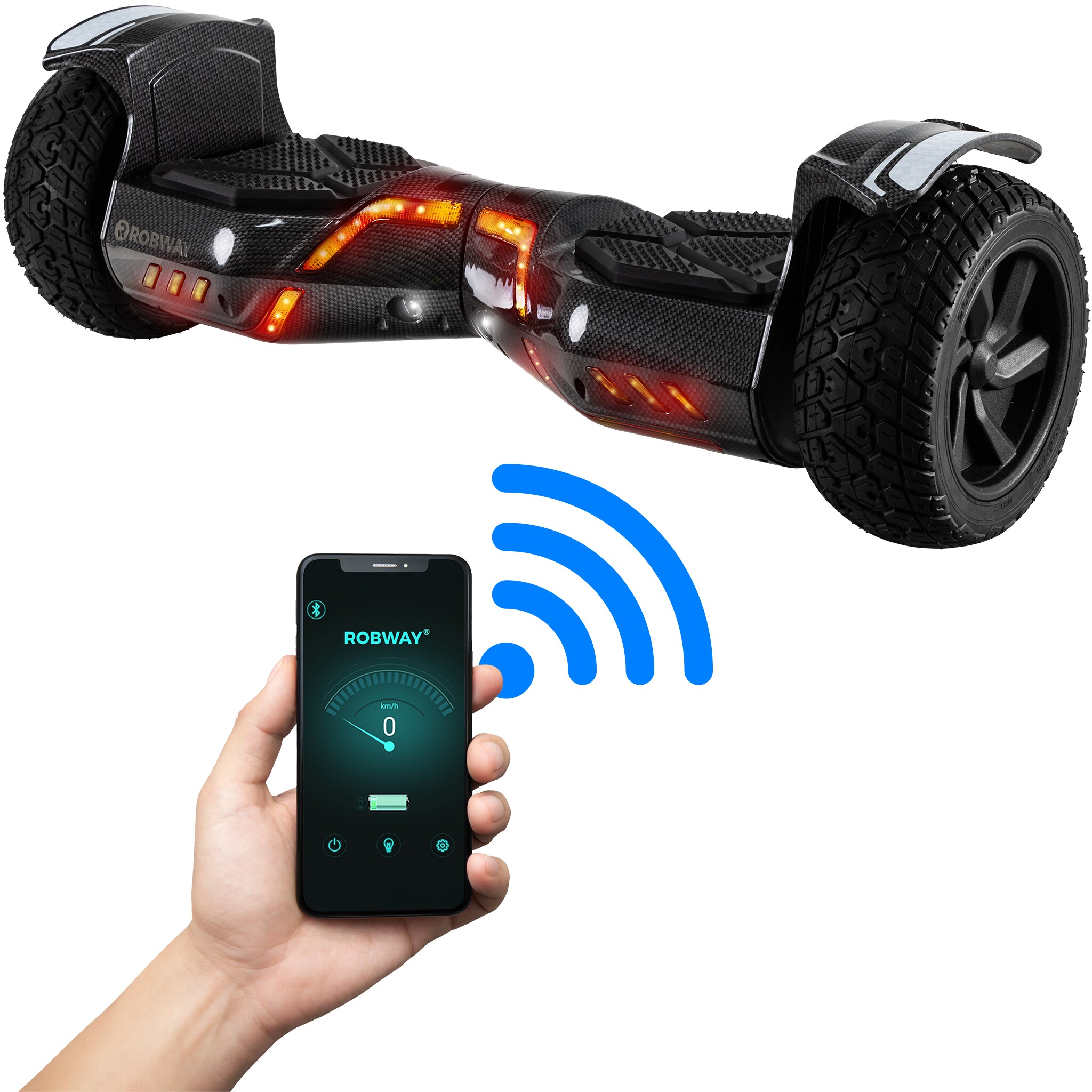 ROBWAY X2 Offroad-Hoverboard f&uuml;rs Gel&auml;nde, Erwachsene und Kinder, 8,5 Zoll, App, Bluetooth, 700 Watt (Carbon 2.0, Offroad) 