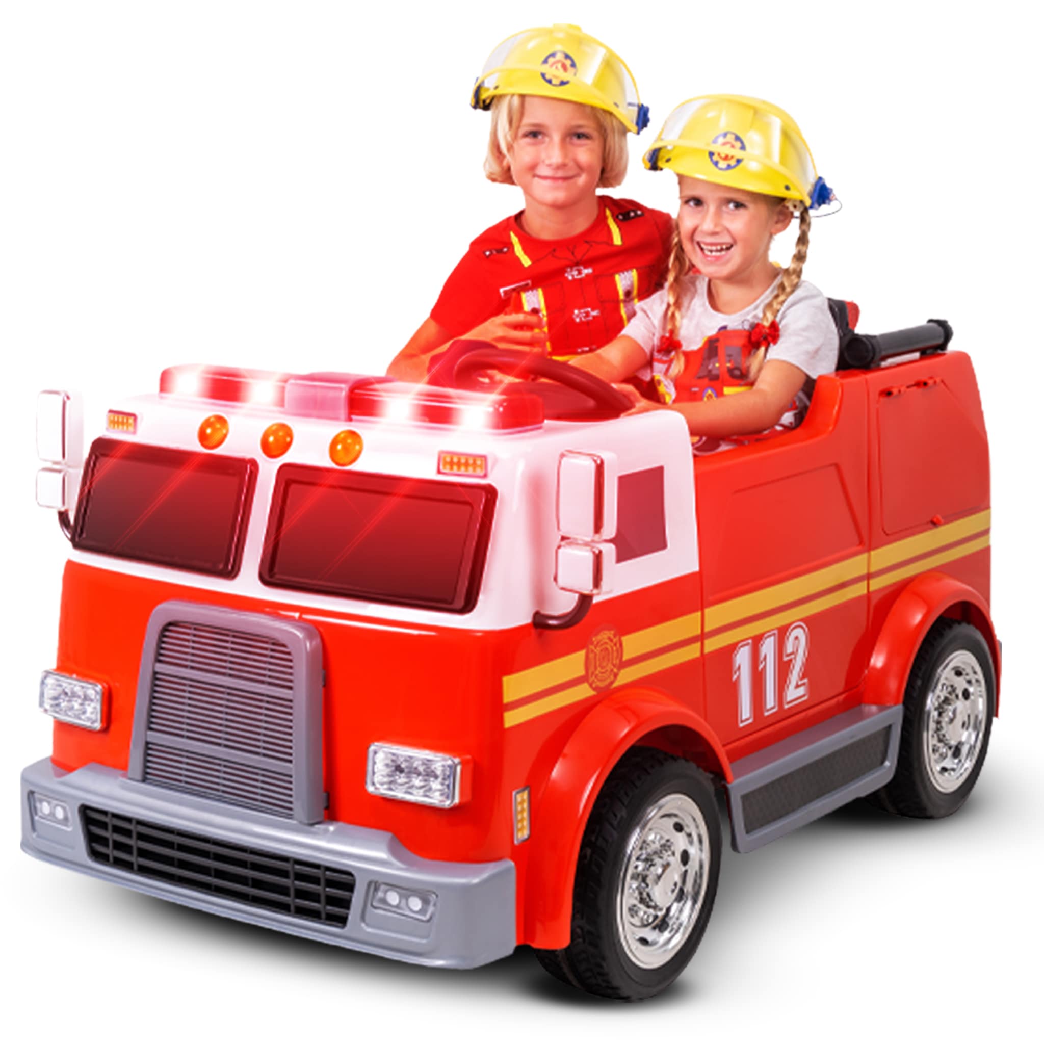 Kinder-Elektro-Feuerwehrauto LL911, 2-Sitzer, Sirene, Spritze, EVA-Reifen, 90 Watt, Fernbedienung 