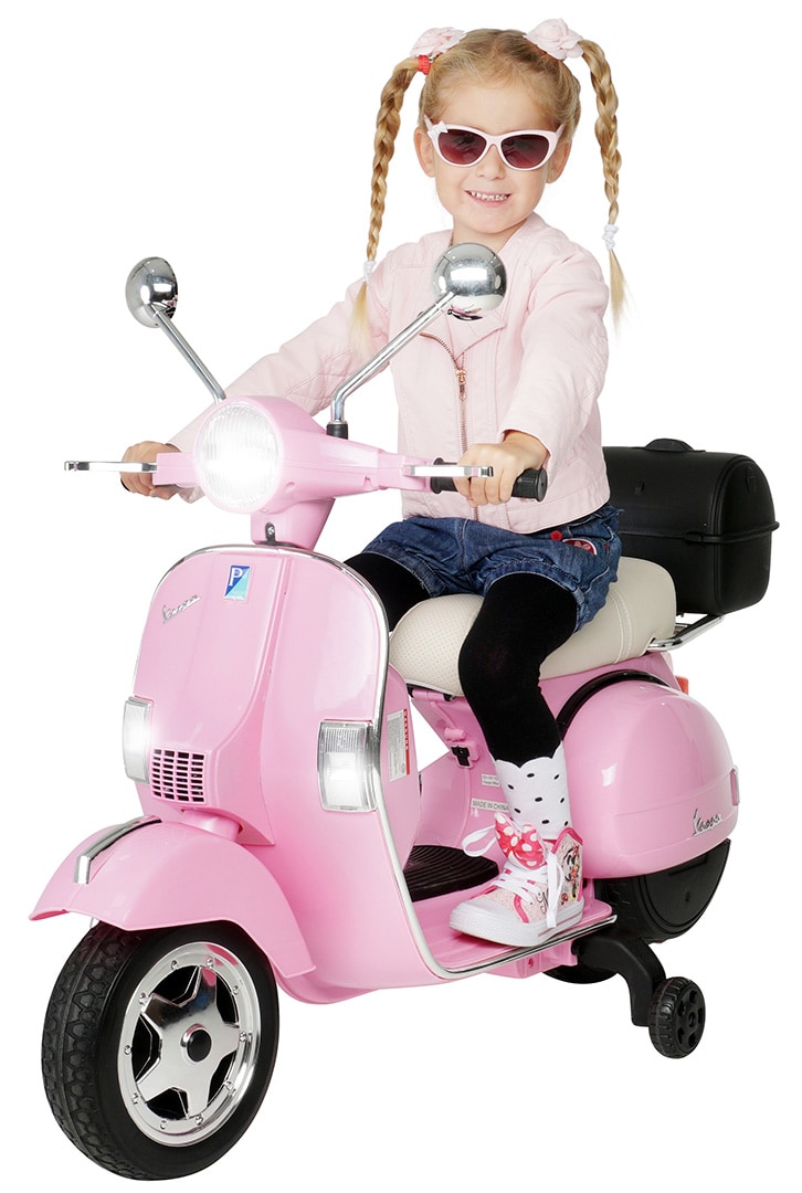 Kinder-Elektroroller Vespa, lizenziert, EVA-Reifen, LED-Scheinwerfer, Koffer, Soundmodul, St&uuml;tzr&auml;der (Pink) 