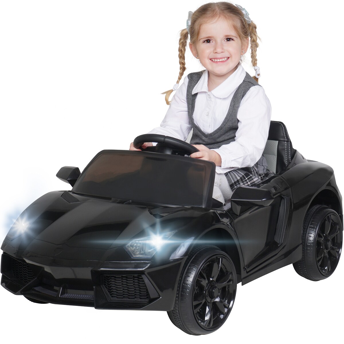 Kinder-Elektroauto Super Sport, 50 Watt, 12 Volt, Fernbedienung, LEDs, Soundmodul, Bremsautomatik (Schwarz) 