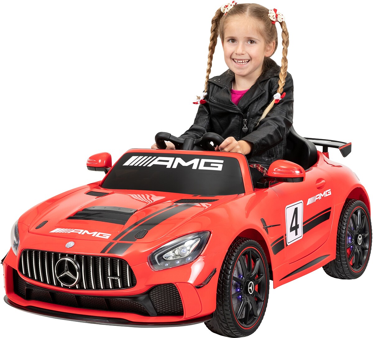 Kinder-Elektroauto Mercedes AMG GT4, Sport-Edition, Lowrider-Funktion, LED, Soft-Start, EVA-Reifen (Rot) 