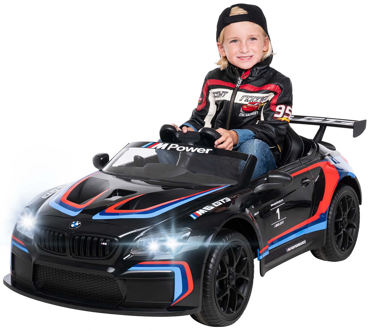 Kinder-Elektroauto BMW M6 GT3, lizenziert, 60 Watt, Fernbedienung, LED, Bluetooth, 12 V, EVA-Reifen (Schwarz) 