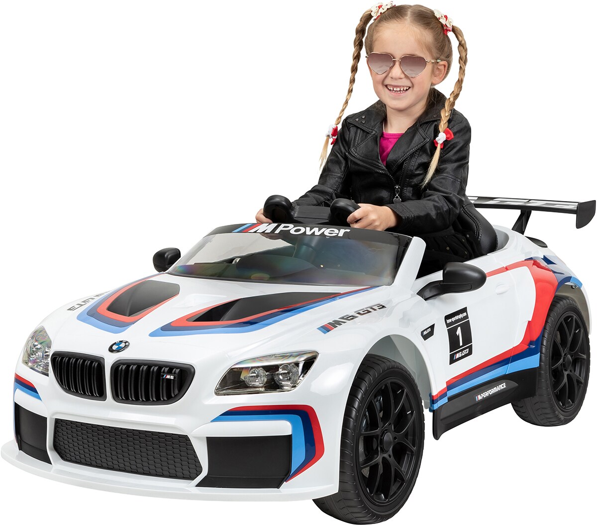 Kinder-Elektroauto BMW M6 GT3, lizenziert, 60 Watt, Fernbedienung, LED, Bluetooth, 12 V, EVA-Reifen (Wei&szlig;) 