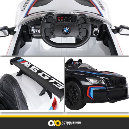 Kinder-Elektroauto BMW M6 GT3, lizenziert, 60 Watt, Fernbedienung, LED,  Bluetooth, 12 V, EVA-Reifen (Weiß)
