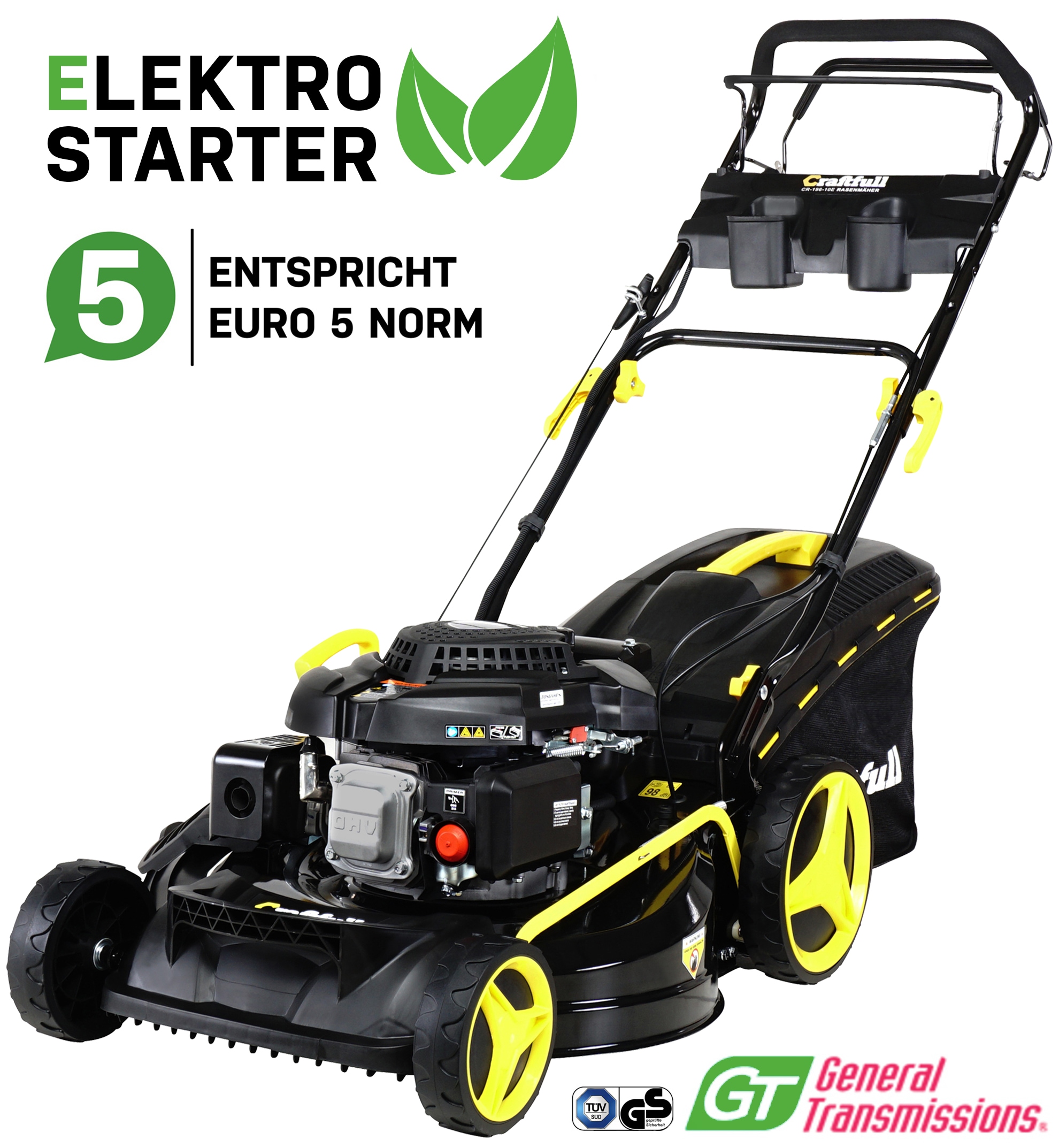 Craftfull Premium Benzin-Rasenm&auml;her CR-196-10E, 5in1, Elektrostarter, 4,4kW, GT-Leichtlaufgetriebe 
