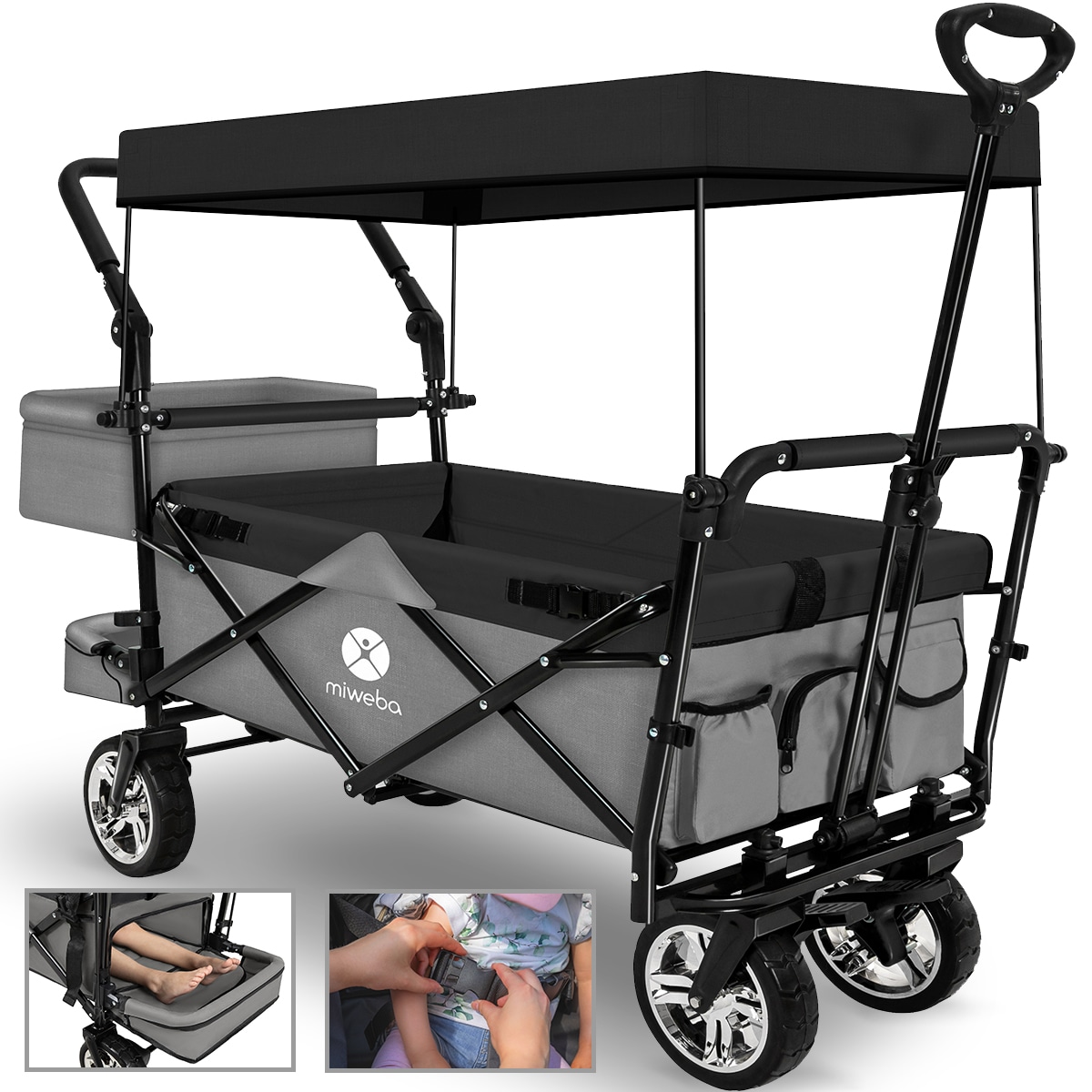 Miweba Bollerwagen MB-20 faltbar, Sonnendach, Schiebe- und Zugstange, Stauraumverl&auml;ngerung, 360&deg;-R&auml;der (Hellgrau/Dunkelgrau) 
