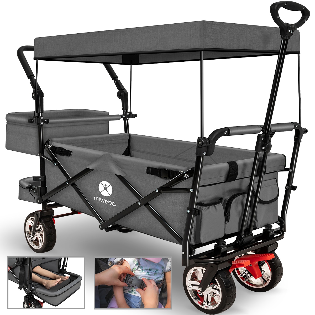 Miweba Bollerwagen MB-20 faltbar, Sonnendach, Schiebe- und Zugstange, Stauraumverl&auml;ngerung, 360&deg;-R&auml;der (Grau) 