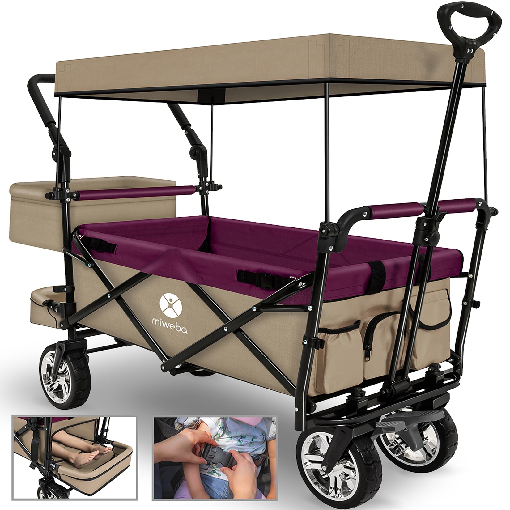 Bollerwagen MB-20 faltbar, Sonnendach, Schiebe- und Zugstange, Stauraumverlängerung, 360°-Räder (Beige/Bordeaux rot)