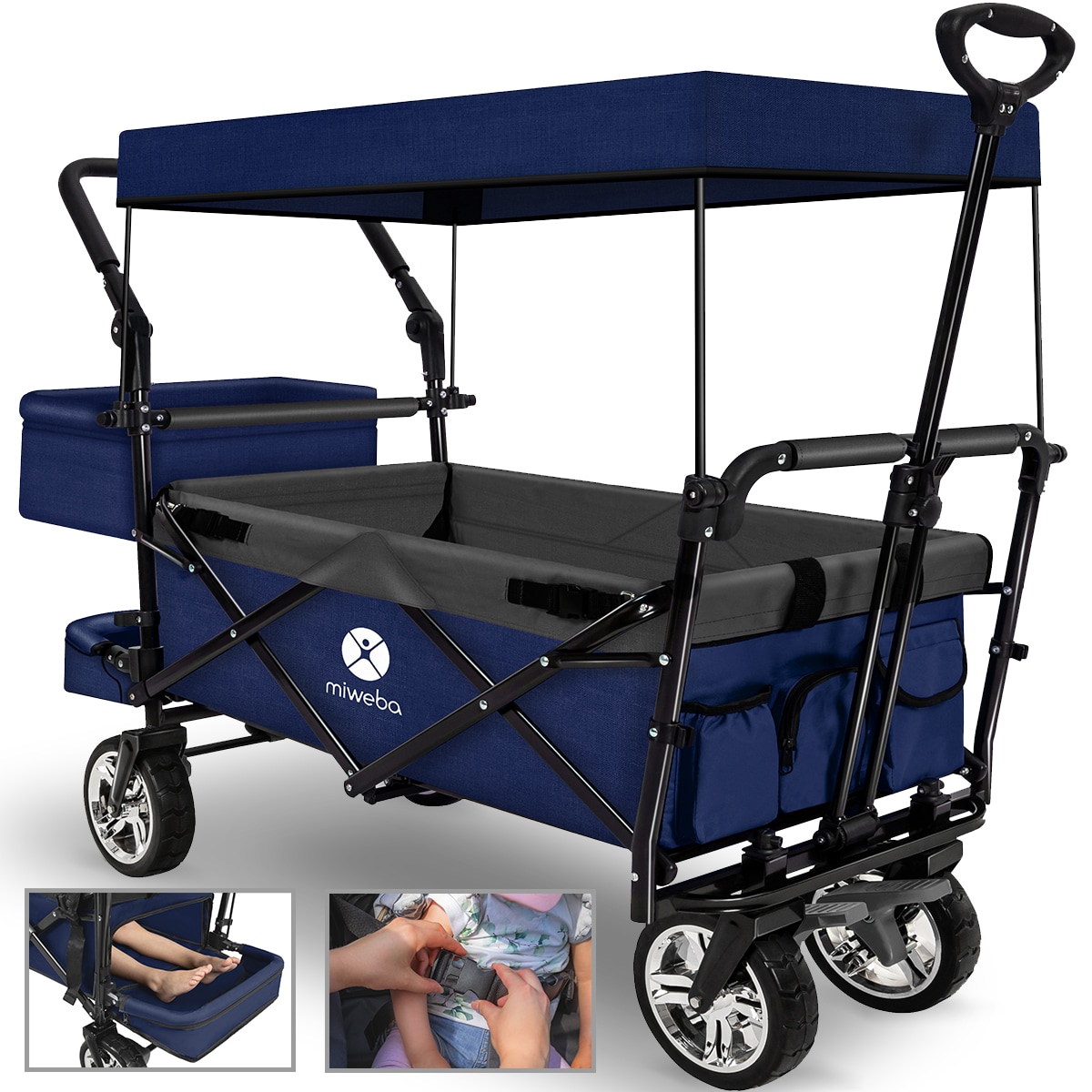 Miweba Bollerwagen MB-20 faltbar, Sonnendach, Schiebe- und Zugstange, Stauraumverl&auml;ngerung, 360&deg;-R&auml;der (K&ouml;nigsblau/Grau) 