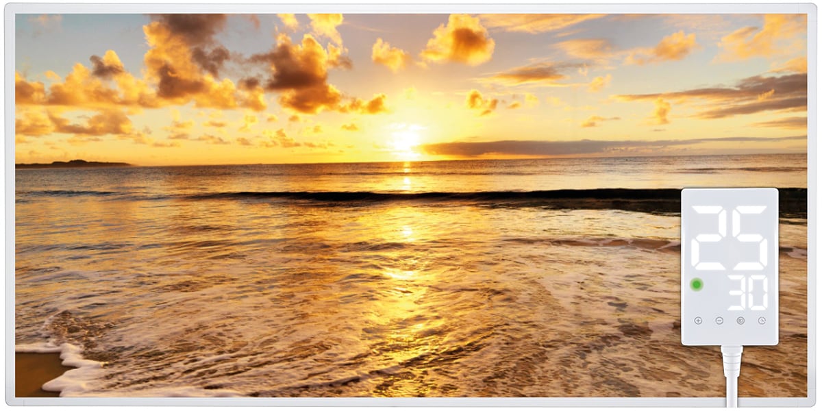 Heidenfeld Infrarotheizung HF-HP105, mit Bild, 16 Motive, 10 J. Garantie, Thermostat, Wandmontage (1000 Watt, Strand1) 