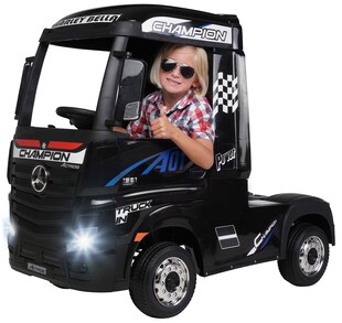 Kinder-Elektroauto Mercedes Benz Actros Truck, lizenziert, 180 Watt, Allrad, 3-6 km/h, Stoßdämpfer (Schwarz) 