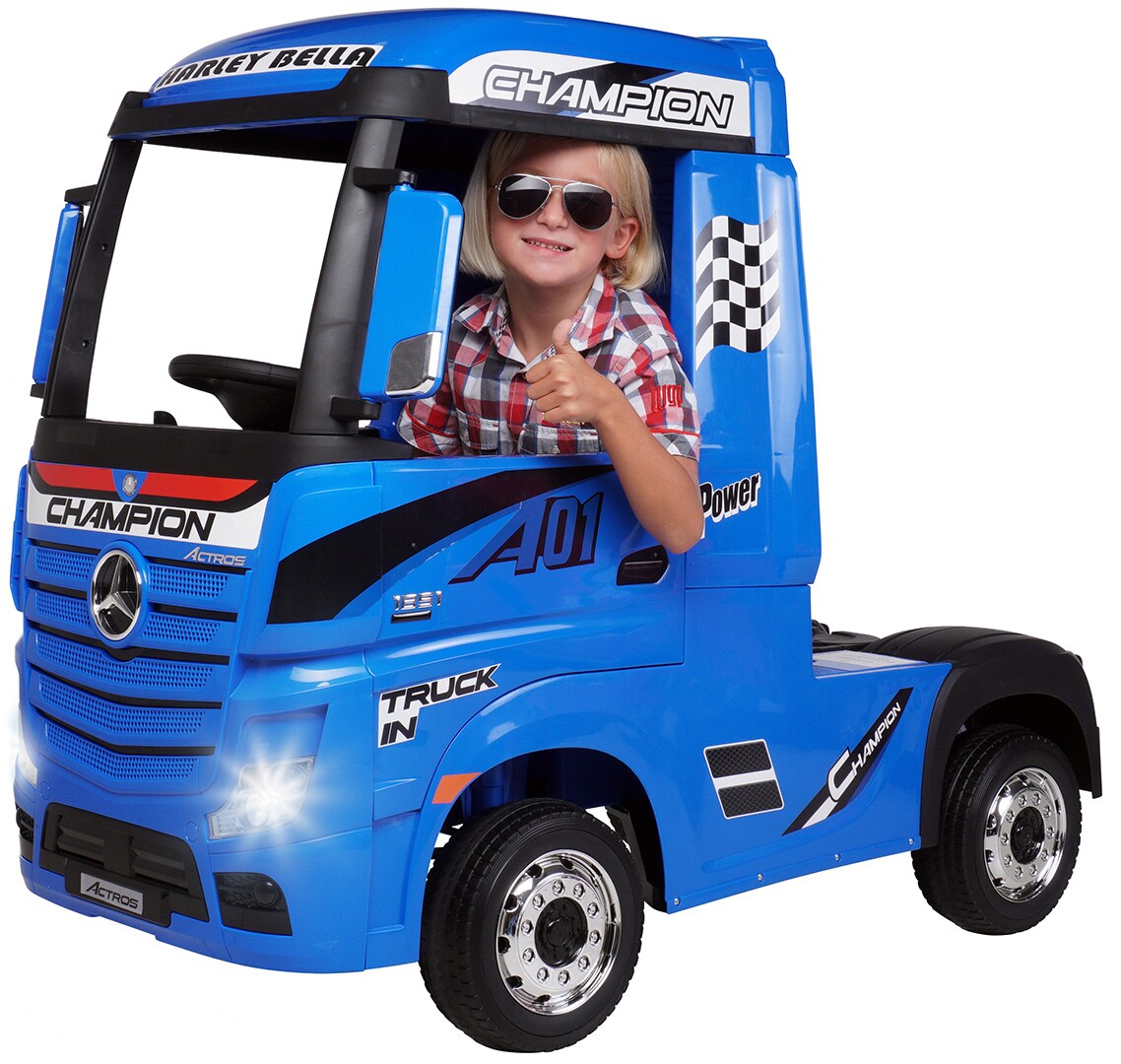 Kinder-Elektroauto Mercedes Benz Actros Truck, lizenziert, 180 Watt, Allrad, 3-6 km/h, Sto&szlig;d&auml;mpfer (Blau) 