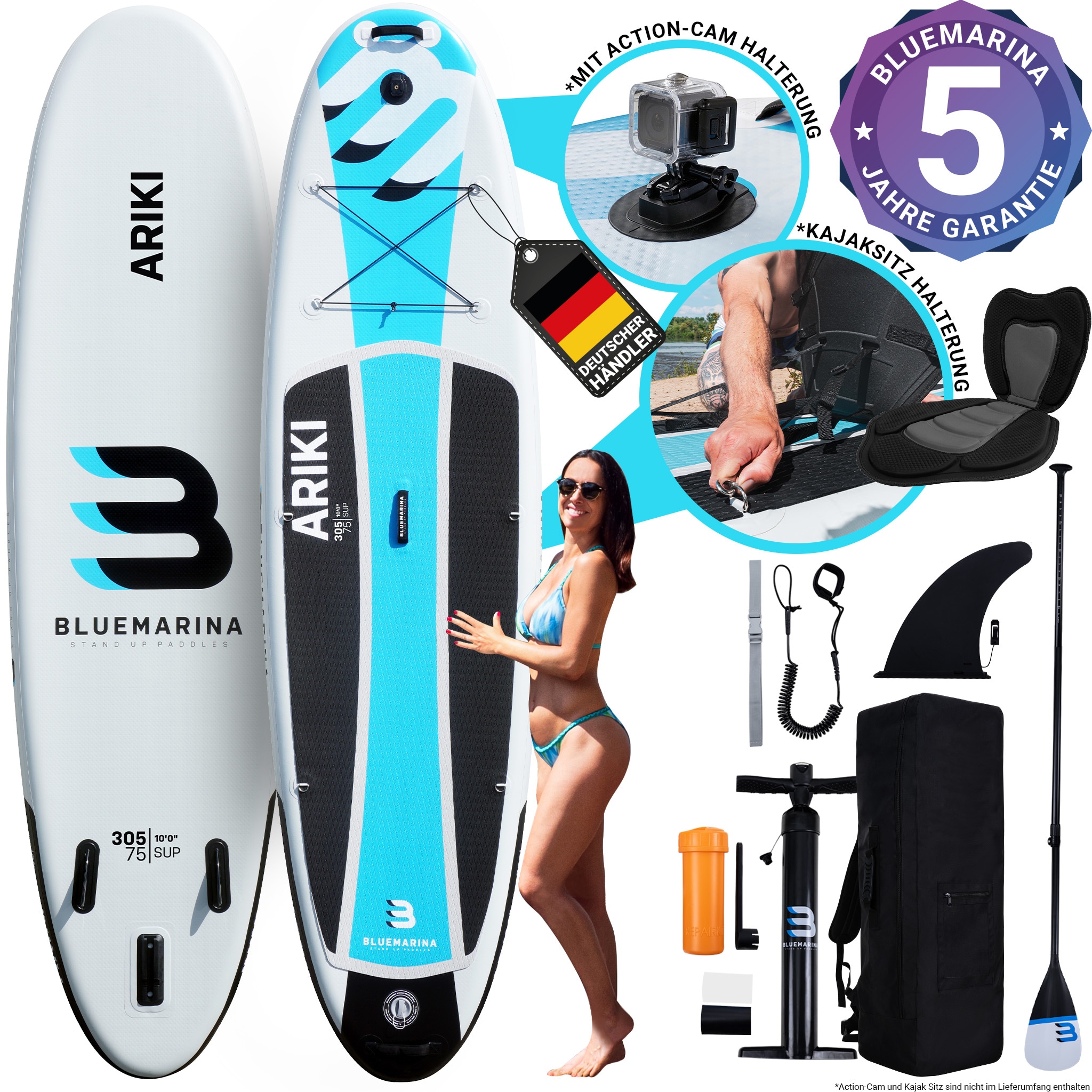 Bluemarina SUP Board Ariki, Stand Up Paddle aufblasbar mit Paddel, Pumpe, Rucksack, 5J Garantie (Classic 2.0, 305x76x13,5cm / 10") 