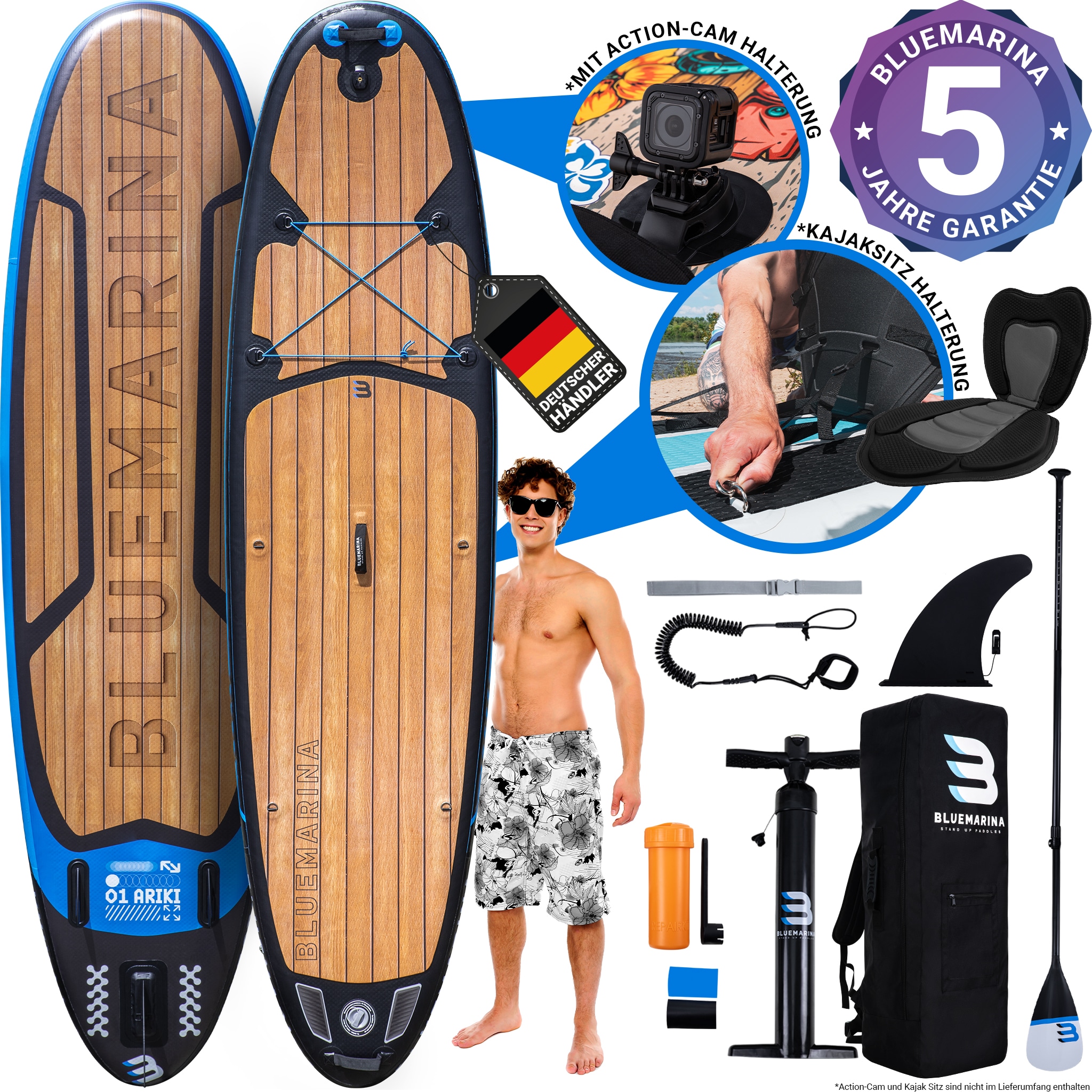 Bluemarina SUP Board Ariki, Stand Up Paddle aufblasbar mit Paddel, Pumpe, Rucksack, 5J Garantie (Black Yacht 2.0, 325x86x16,5cm / 10'8") 
